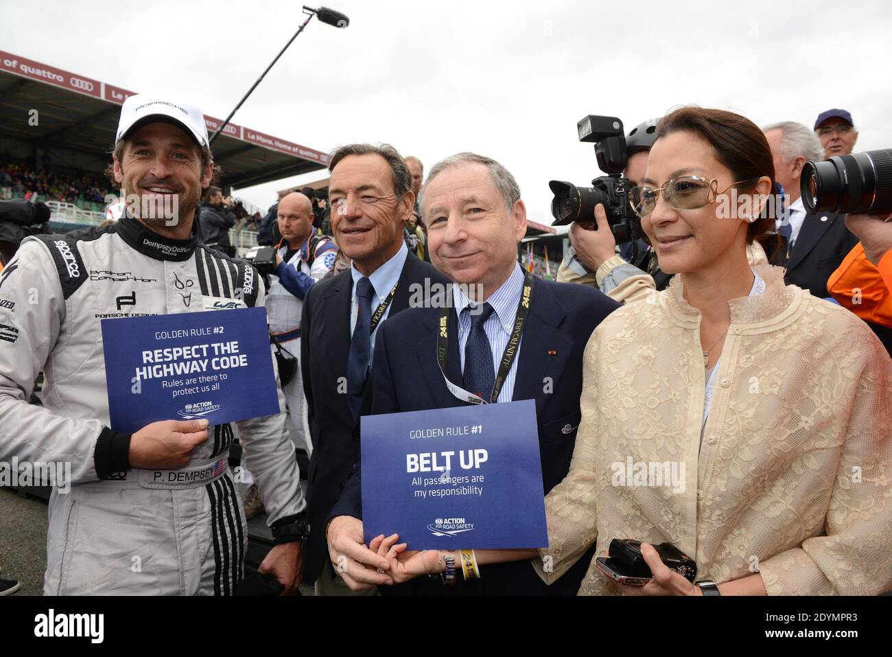 Patrick Dempsey, Lindsey Owen Jones, Jean Todt und Michelle Yeoh beim 90. 24-Stunden-Rennen in Le Mans, Frankreich am 22. Juni 2013. Foto von Guy Durand/ABACAPRESS.COM Stockfoto