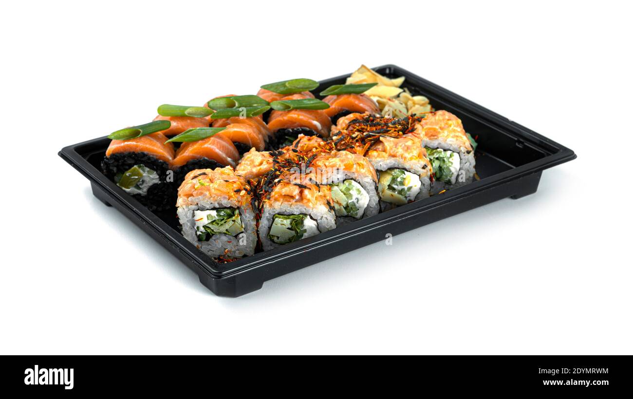 Sushi rollt auf weißem Hintergrund. Japanische Küche. Hochwertige Fotos Stockfoto