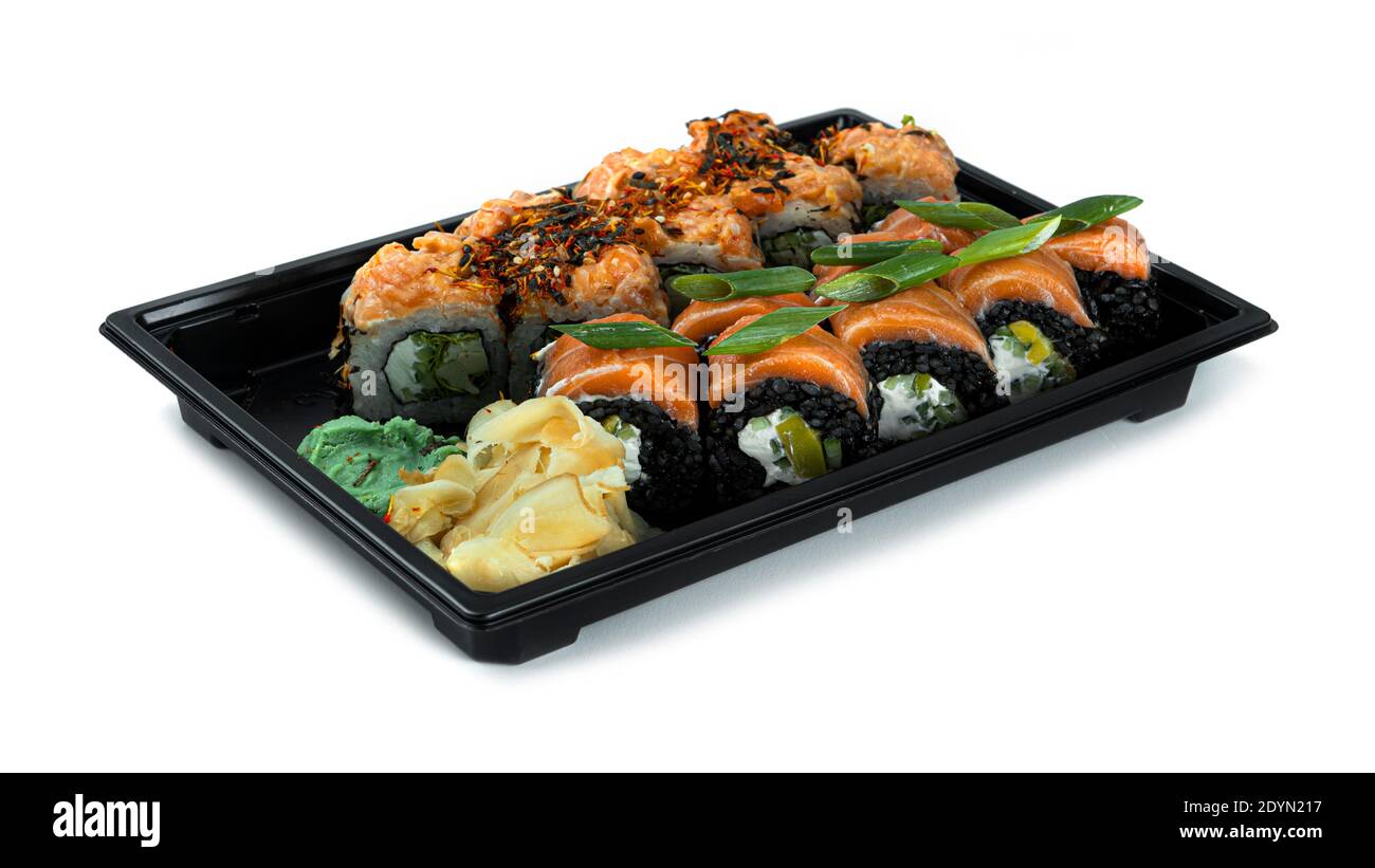 Sushi rollt auf weißem Hintergrund. Japanische Küche. Hochwertige Fotos Stockfoto