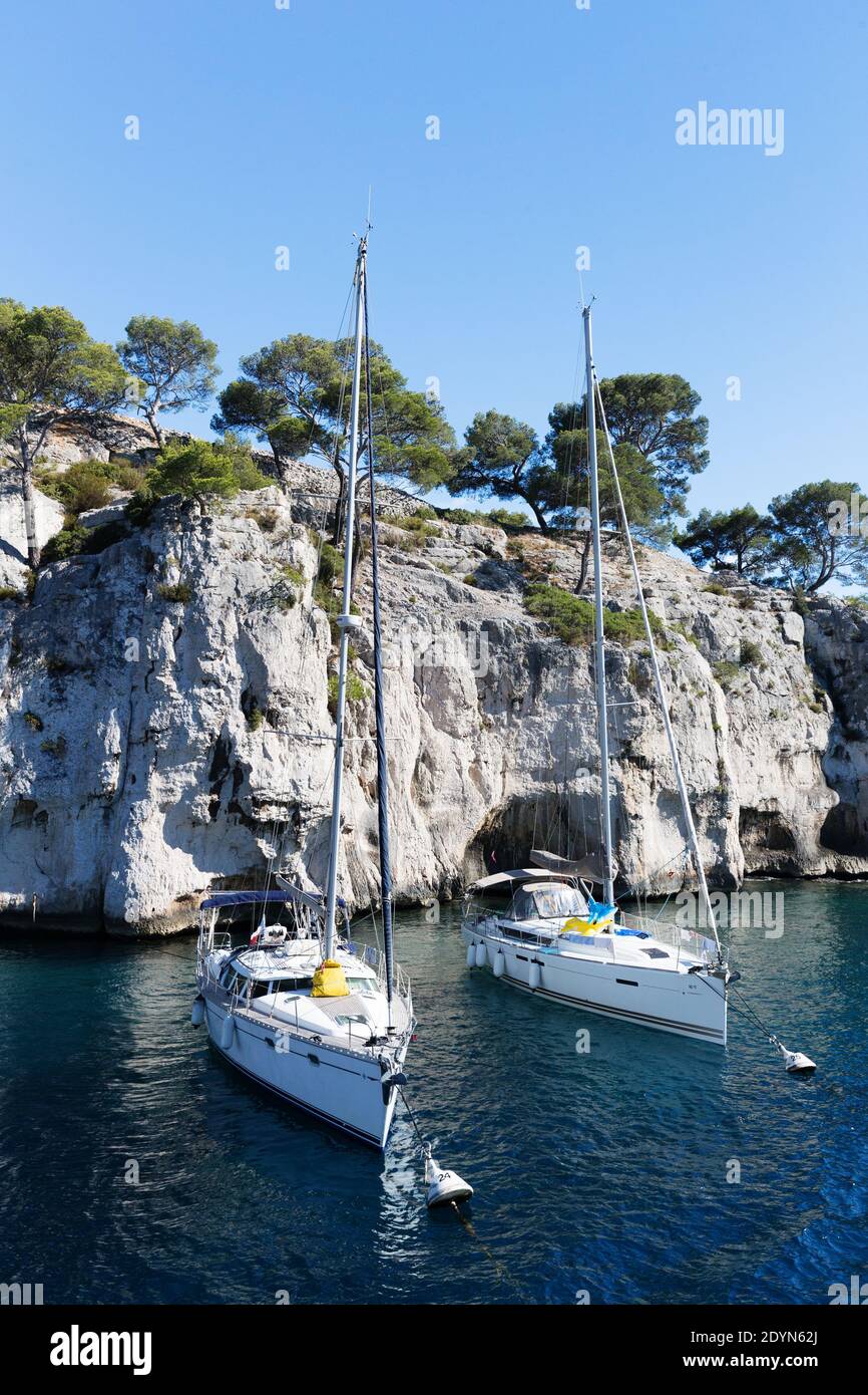 Marseille, Frankreich, Segelboote vertäuten in Calanque de Port Miou Stockfoto