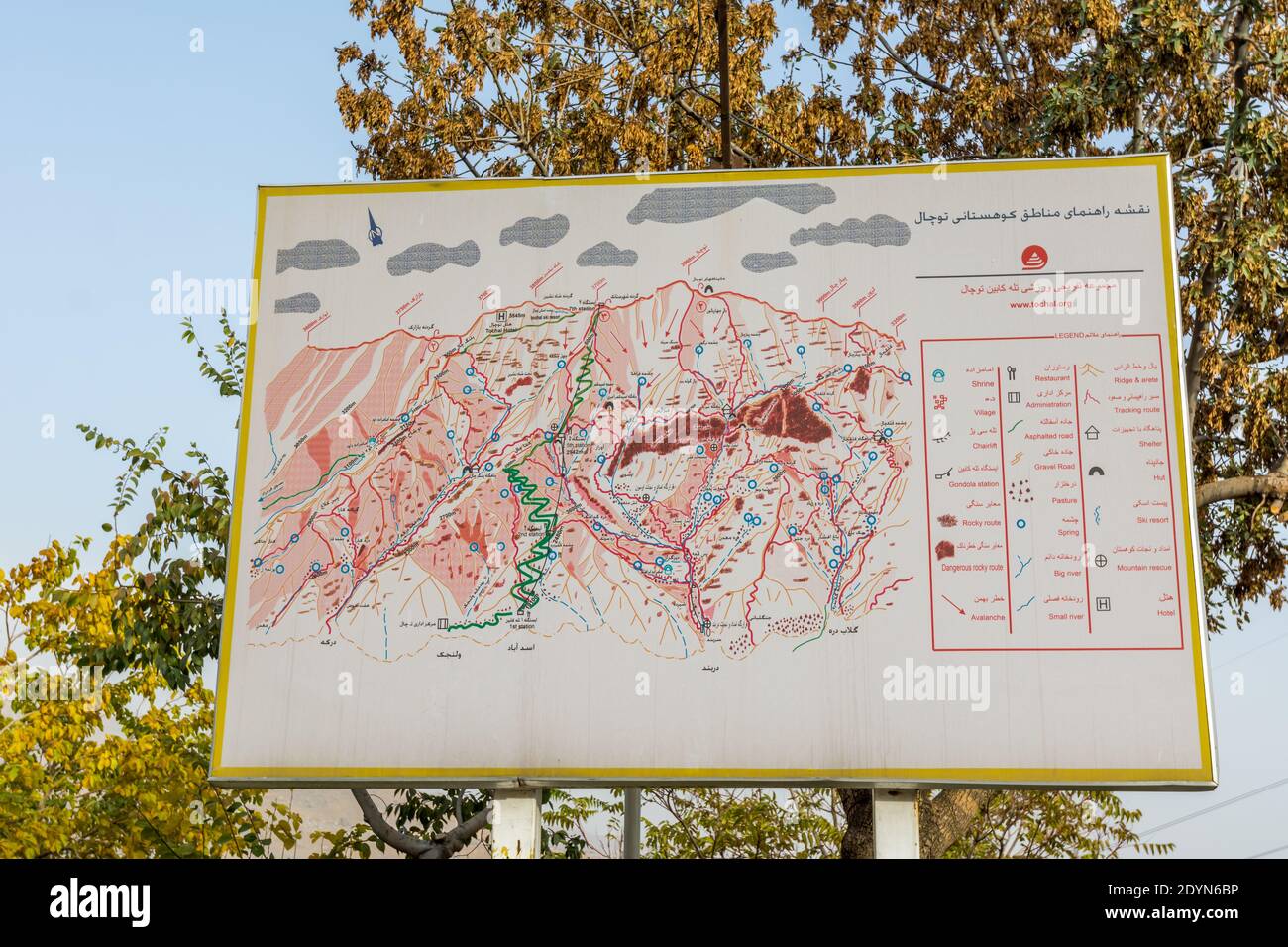 Eine Karte zum Tochal Berg, Teheran, Iran. Tochal ist eine beliebte Erholungsregion für die Bewohner Teherans Stockfoto