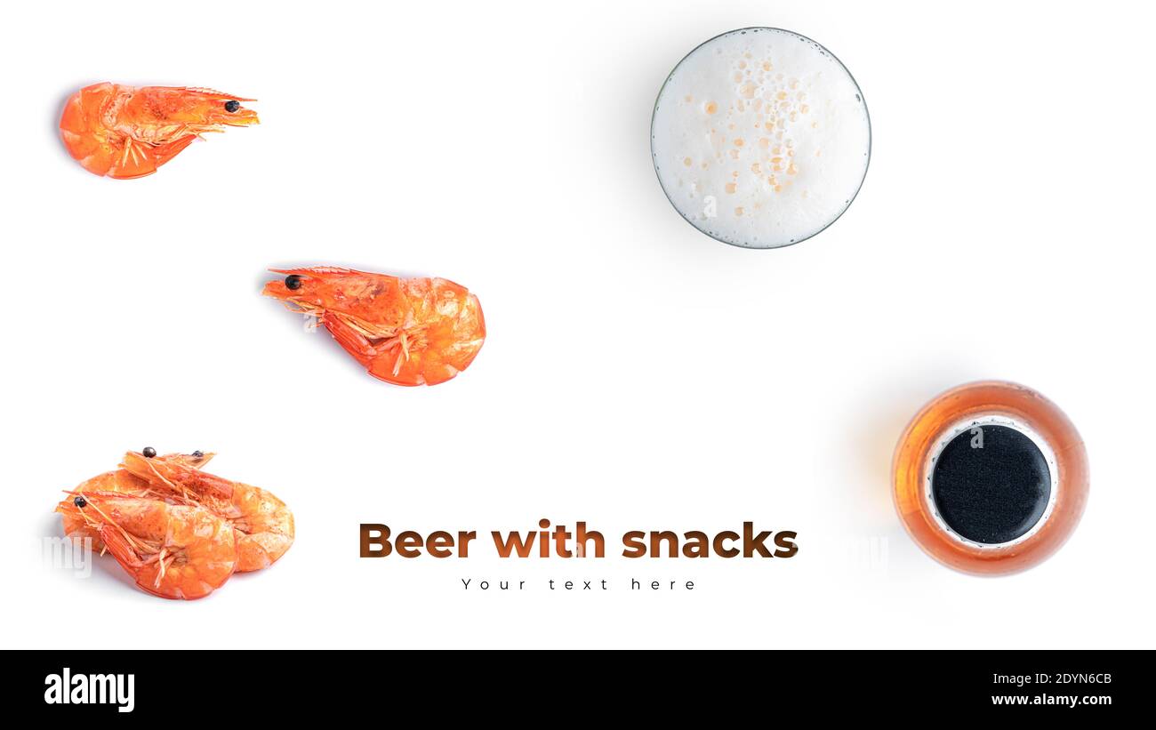 Bier mit Meeresfrüchten Snacks auf weißem Hintergrund. Hochwertige Fotos Stockfoto