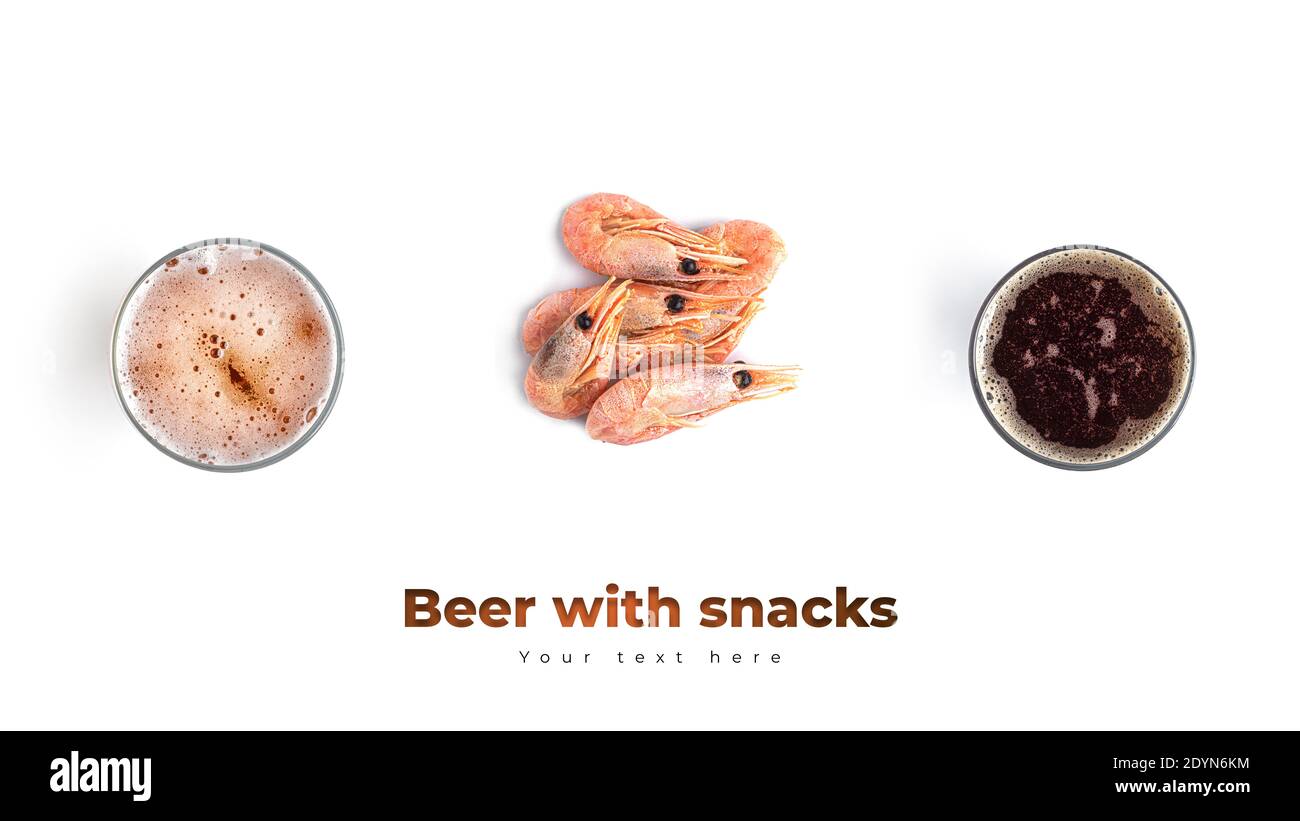 Bier mit Meeresfrüchten Snacks auf weißem Hintergrund. Hochwertige Fotos Stockfoto