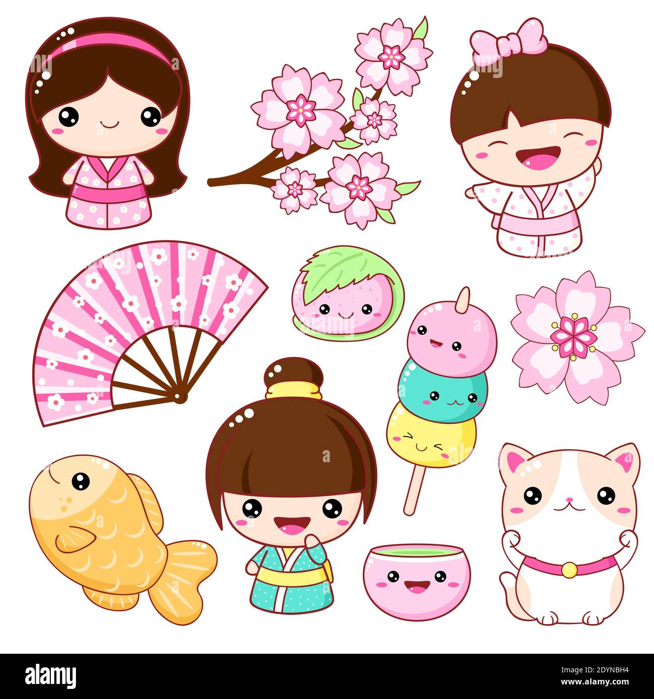 Set von niedlichen Ikonen im Kawaii-Stil. Japanische traditionelle Spielzeug Kokeshi Puppe in Kimono, Maneki Neko Katze, Sakura Mochi, Taiyaki, Ventilator, Kappe mit Matcha Tee. Stock Vektor