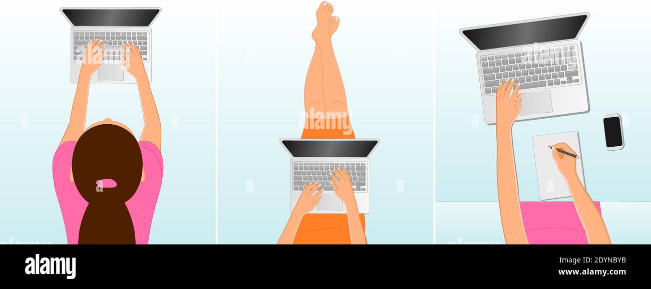 Vektor-Set von Draufsicht der Frauen auf dem Boden liegen, während der Arbeit auf Laptop und Notizen. Frauen arbeiten und verbinden online zusammen auf Laptop comput Stock Vektor