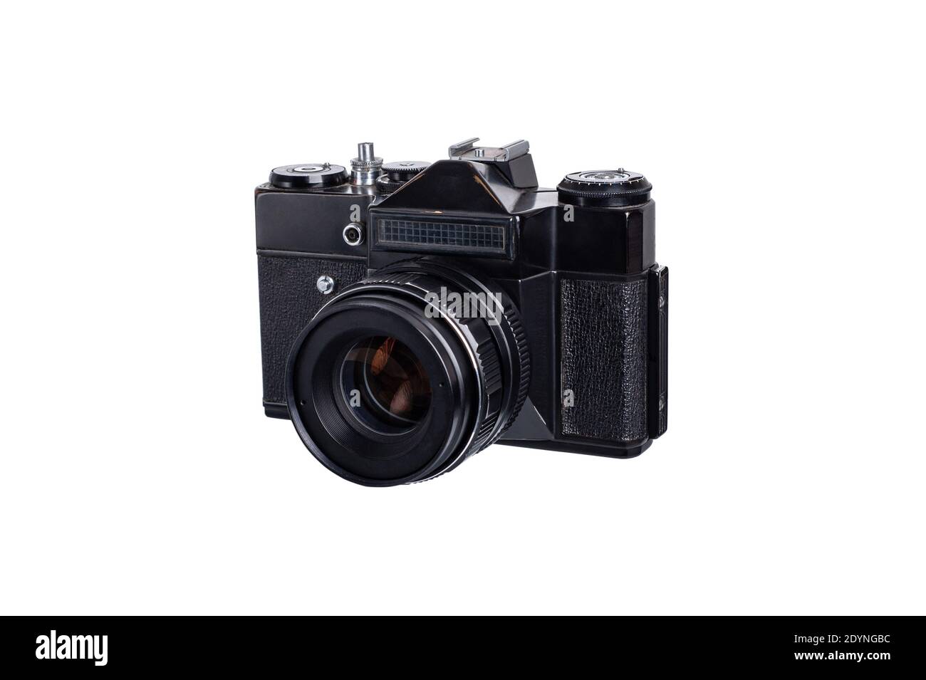 Alte schwarze Filmkamera auf weißem Hintergrund isoliert Stockfoto
