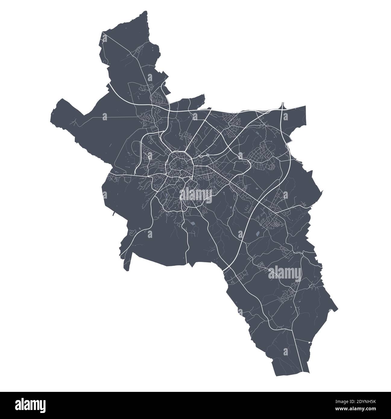 Aachen-Karte. Detaillierte Vektorkarte des Aachener Stadtverwaltungsgebietes. Stadtbild Poster Metropolregion Arie Ansicht. Dunkles Land mit weißen Straßen, Straßen und ein Stock Vektor