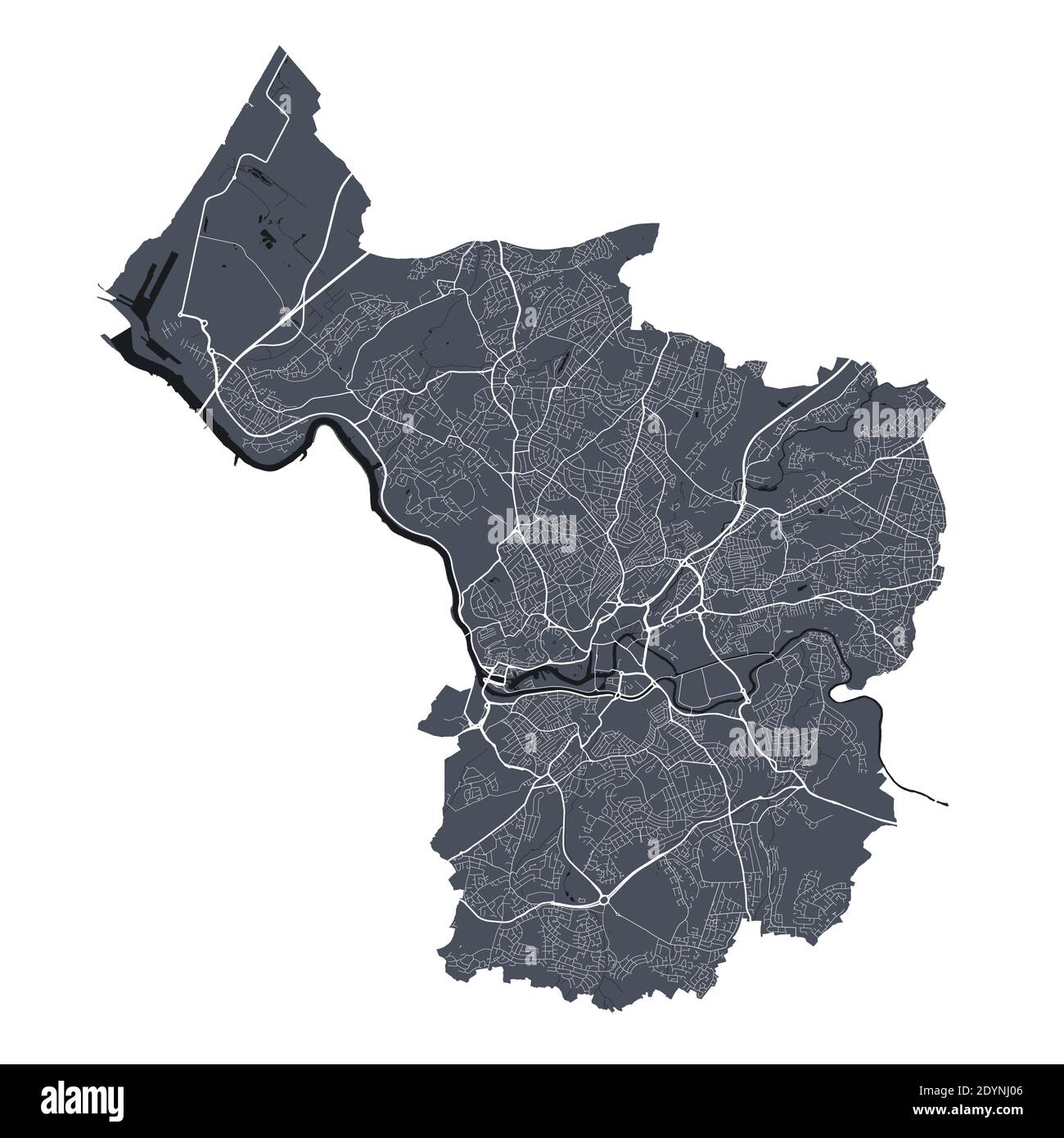 Bristol Karte. Detaillierte Vektorkarte von Bristol Stadt Verwaltungsgebiet. Stadtbild Poster Metropolregion Arie Ansicht. Dunkles Land mit weißen Straßen, Straßen und Stock Vektor