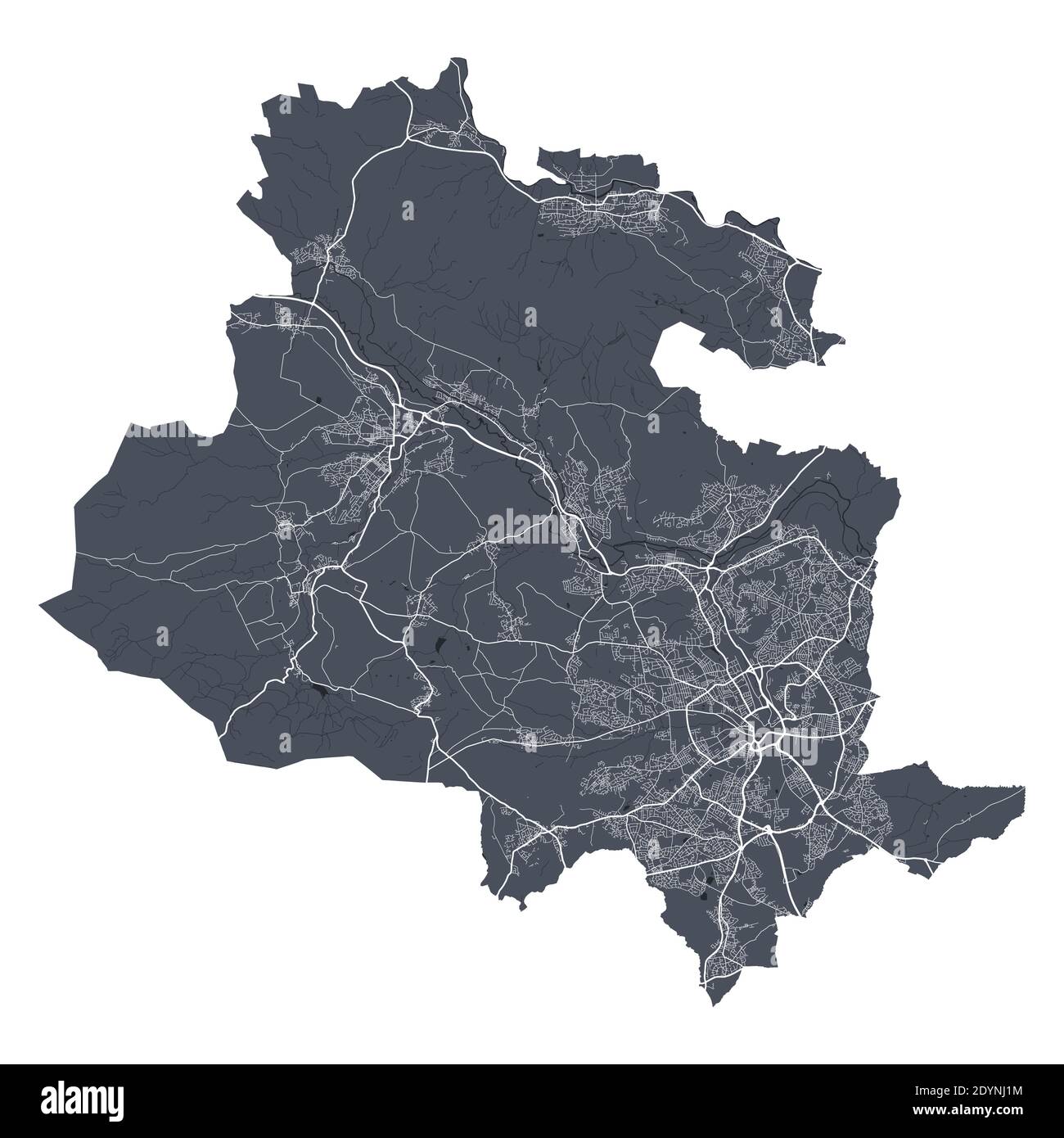 Bradford-Karte. Detaillierte Vektor-Karte von Bradford Stadt Verwaltungsgebiet. Stadtbild Poster Metropolregion Arie Ansicht. Dunkles Land mit weißen Straßen, Straßen A Stock Vektor