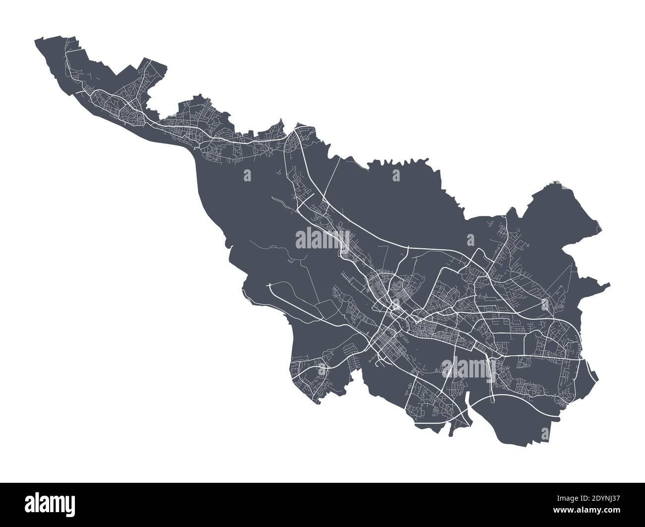 Bremen-Karte. Detaillierte Vektorkarte von Bremen Stadtverwaltung. Stadtbild Poster Metropolregion Arie Ansicht. Dunkles Land mit weißen Straßen, Straßen und ein Stock Vektor