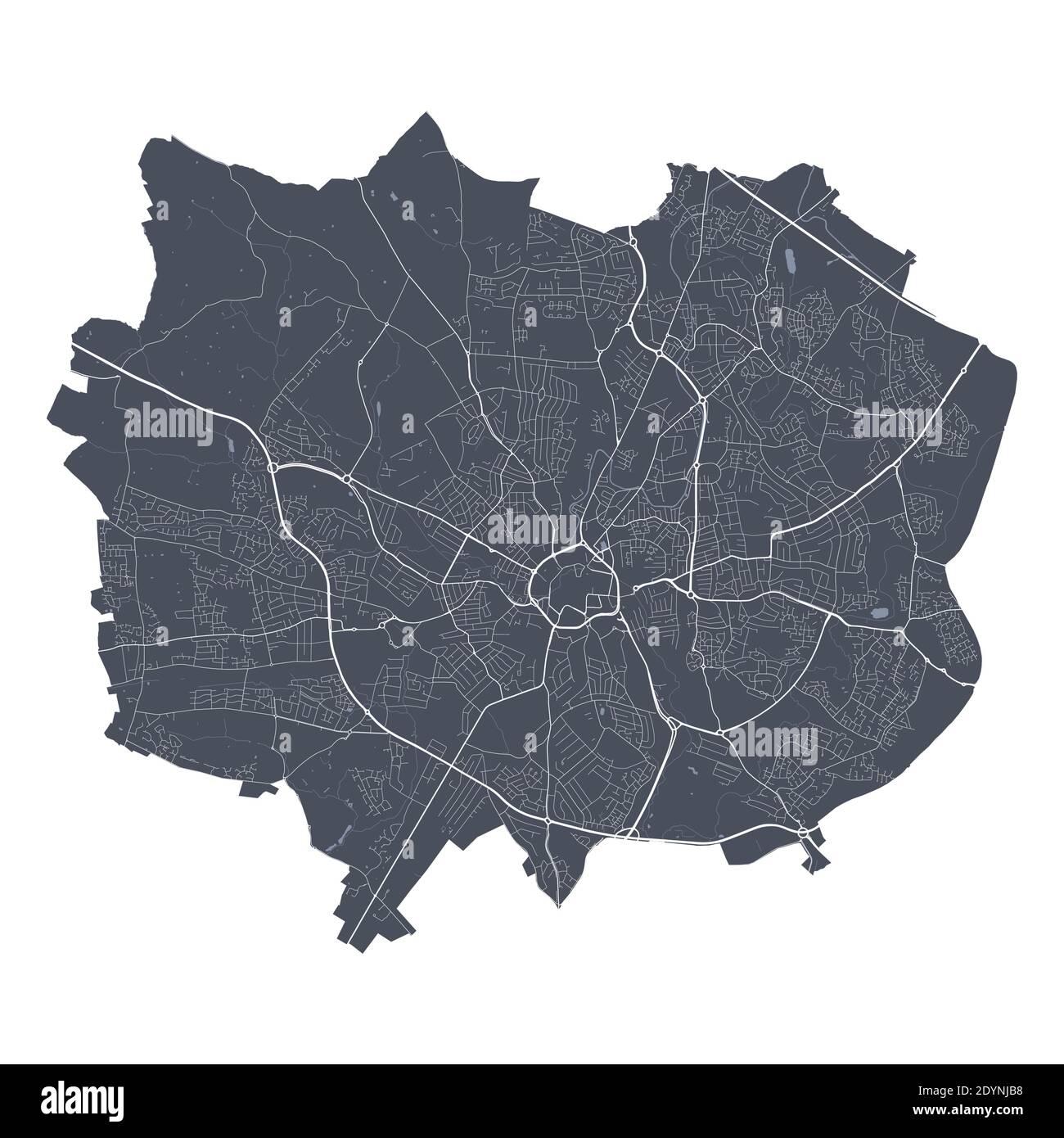 Coventry-Karte. Detaillierte Vektorkarte des Verwaltungsgebiets der Stadt Coventry. Stadtbild Poster Metropolregion Arie Ansicht. Dunkles Land mit weißen Straßen, Straßen A Stock Vektor