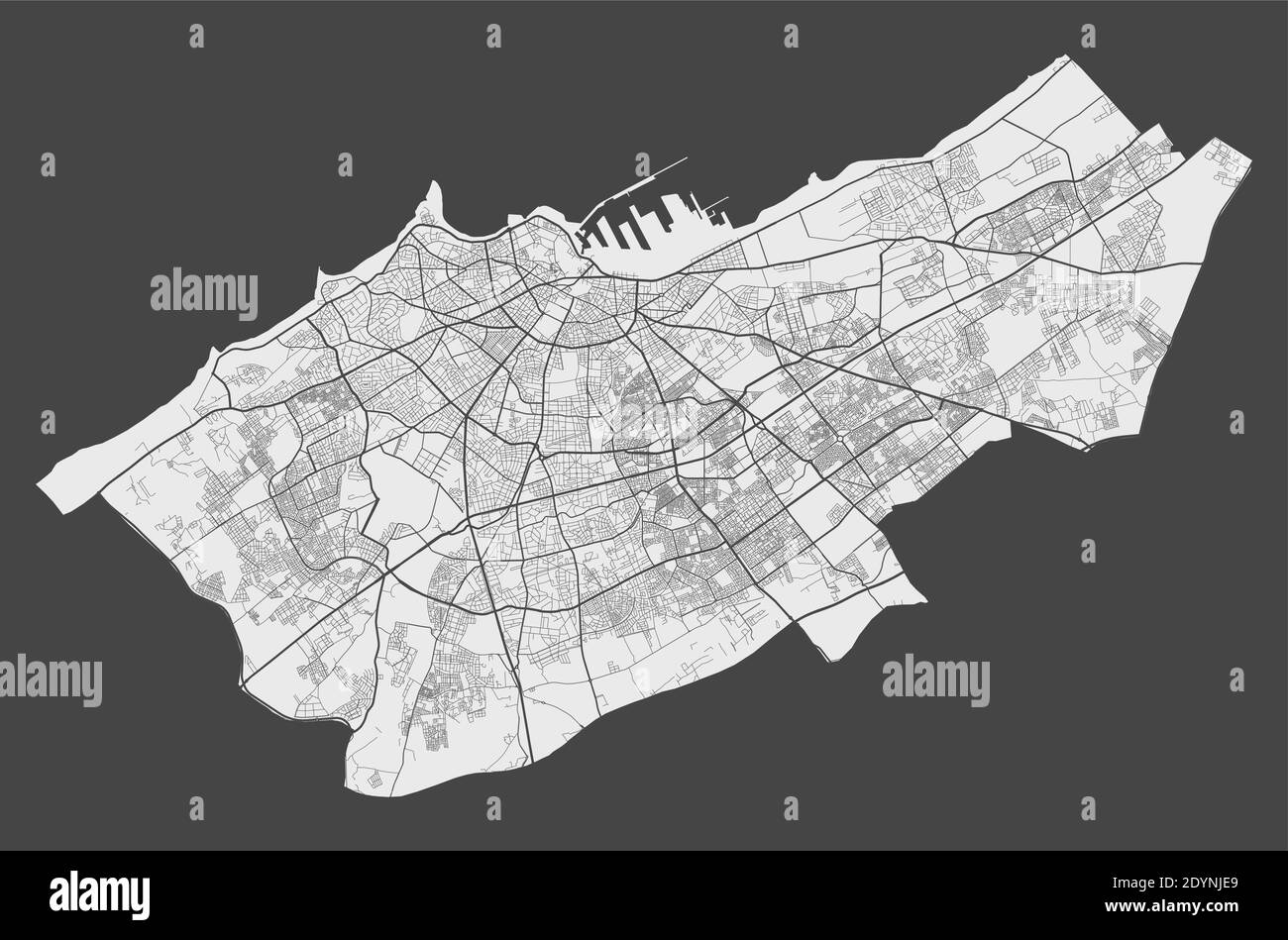 Karte Casablanca. Detaillierte Karte von Casablanca Stadt Verwaltungsgebiet. Stadtbild-Panorama. Lizenzfreie Vektorgrafik. Übersichtskarte mit Autobahnen, Stock Vektor