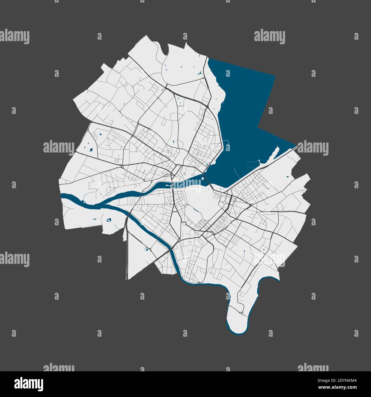 Karte Genf. Detaillierte Vektorkarte des Verwaltungsgebiets der Stadt Genf. Plakat mit Straßen und Wasser auf grauem Hintergrund. Stock Vektor