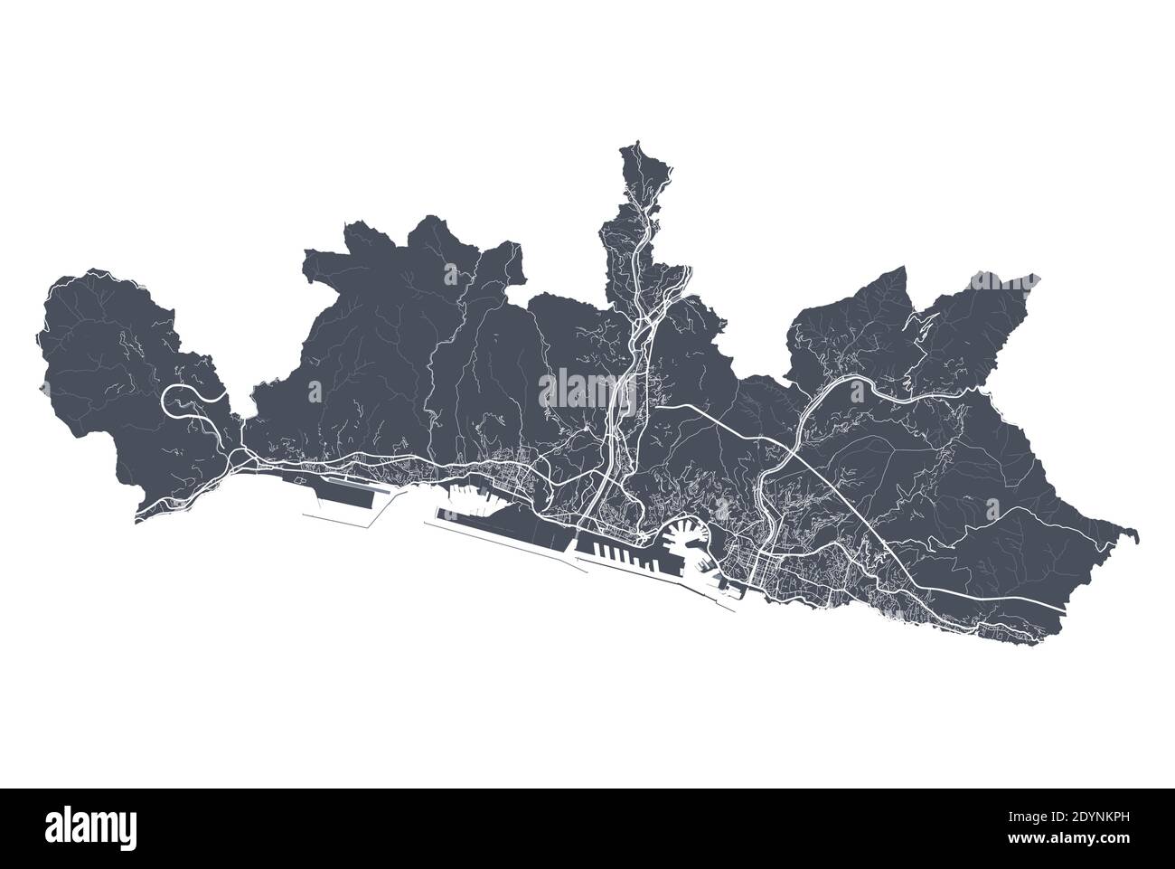 Genua-Karte. Detaillierte Vektor-Karte von Genua Stadt Verwaltungsgebiet. Stadtbild Poster Metropolregion Arie Ansicht. Dunkles Land mit weißen Straßen, Straßen und Ave Stock Vektor