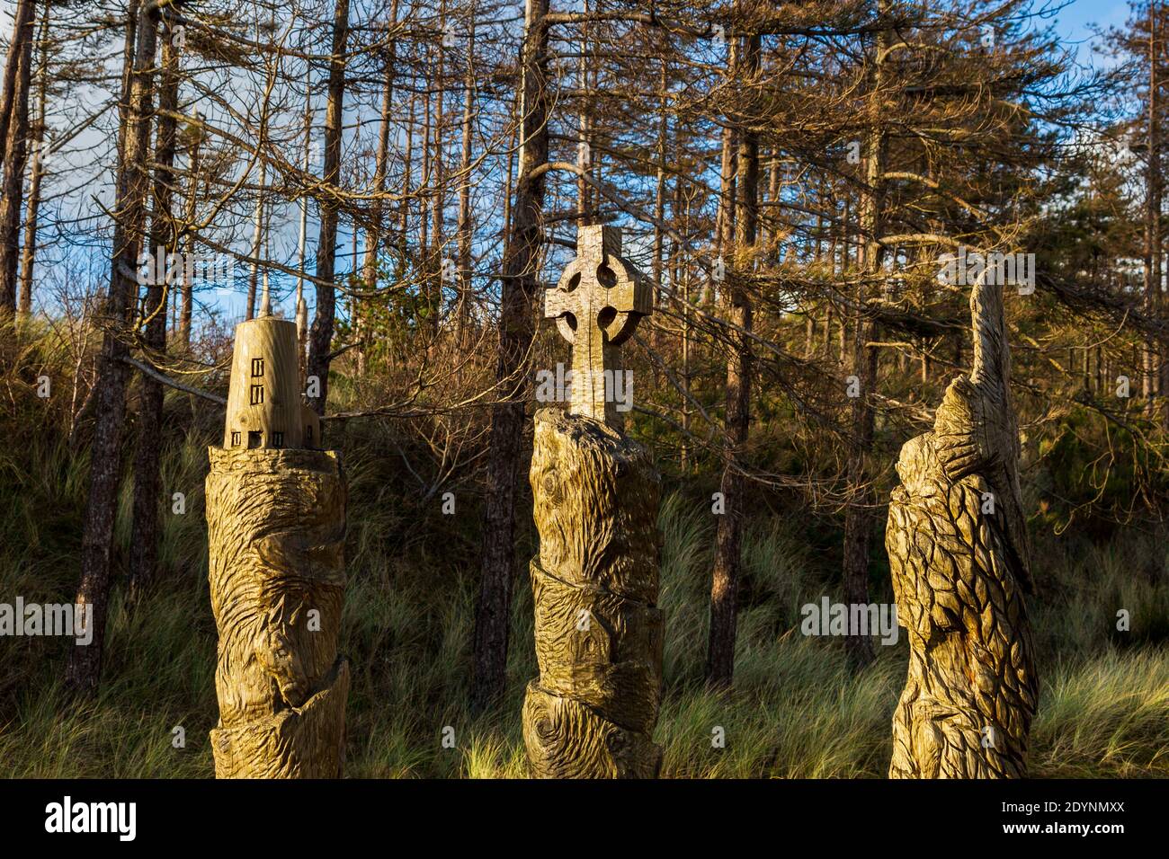 Llanddwyn Island Holzschnitzereien auf dem Forestry Commision Newborough Beach Parkplatz, Anglesey Stockfoto