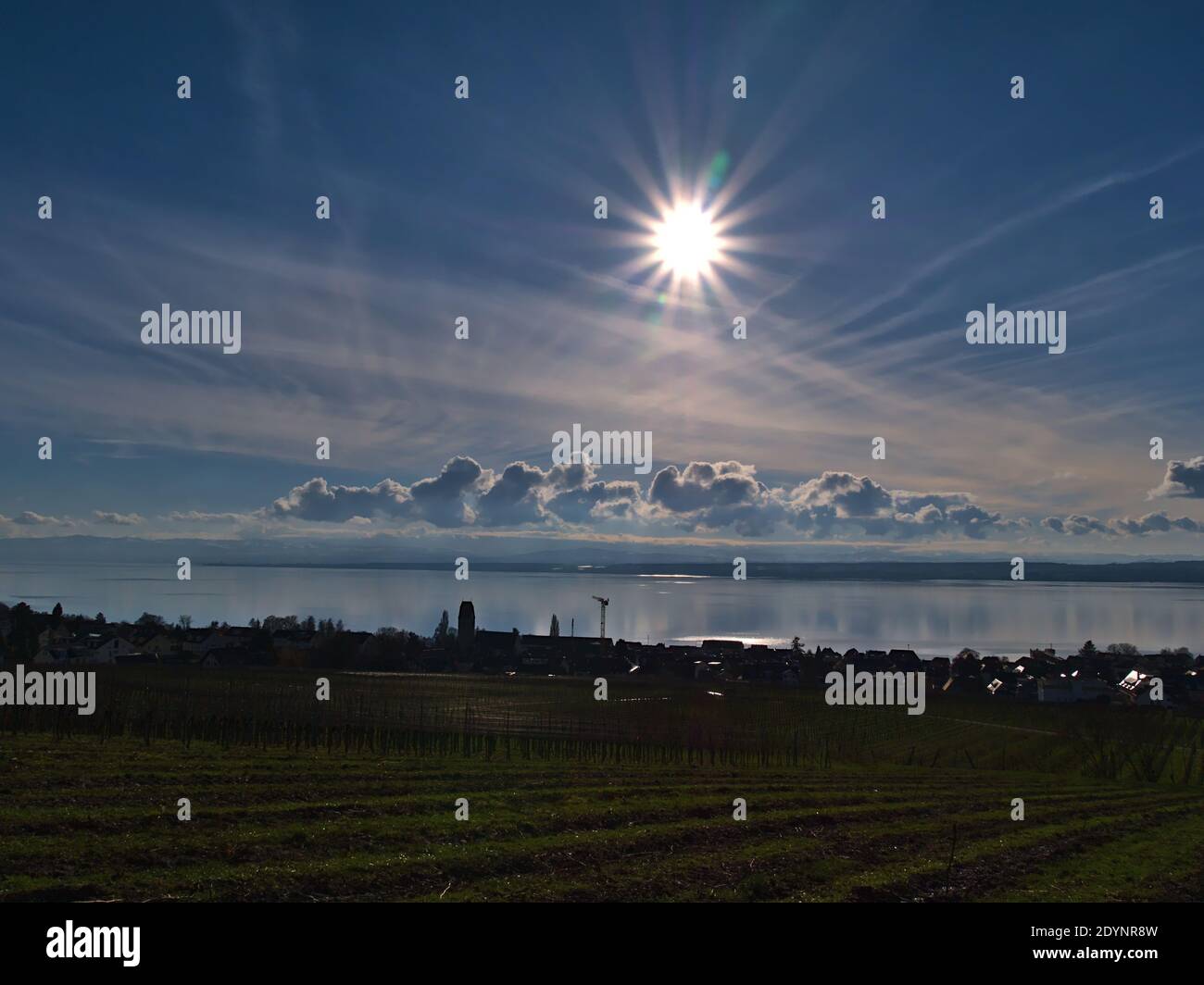 Schöner Blick über die Weinberge an den Hängen oberhalb des kleinen Dorfes Hagnau am Bodensee, Deutschland mit Bodensee am sonnigen Wintertag mit Hintergrundbeleuchtung. Stockfoto