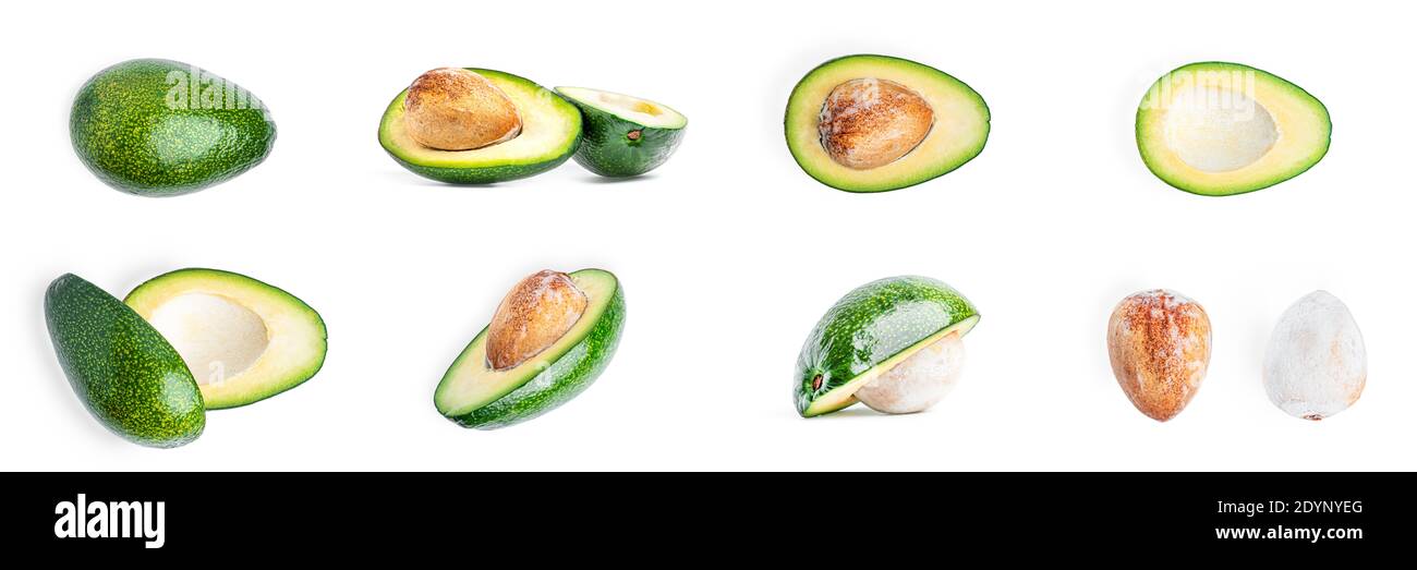 Avocado Kollektion auf weißem Hintergrund. Avocado von verschiedenen Seiten. Hochwertige Fotos Stockfoto