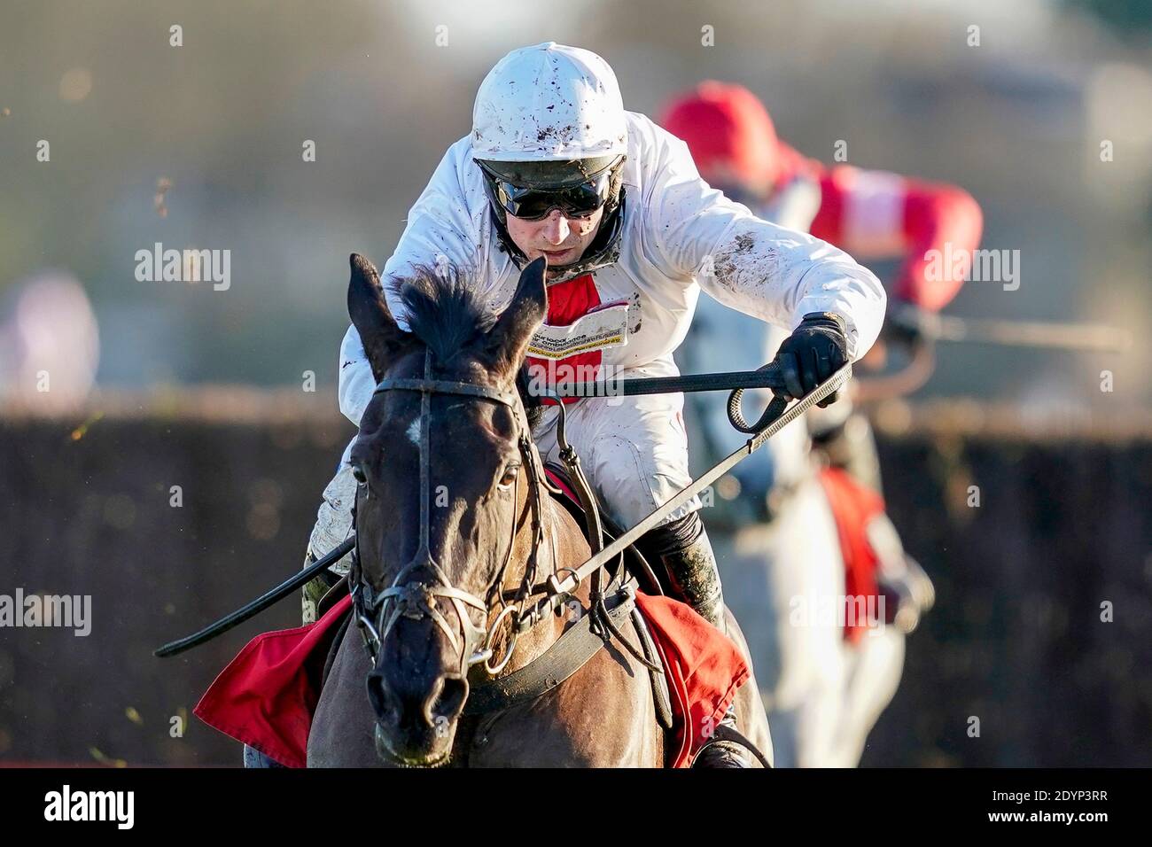 Harry Skelton auf dem Weg zur Ladbrokes Desert Orchid Chase auf der Kempton Park Racecourse in Surrey mit Nube Negra. Stockfoto