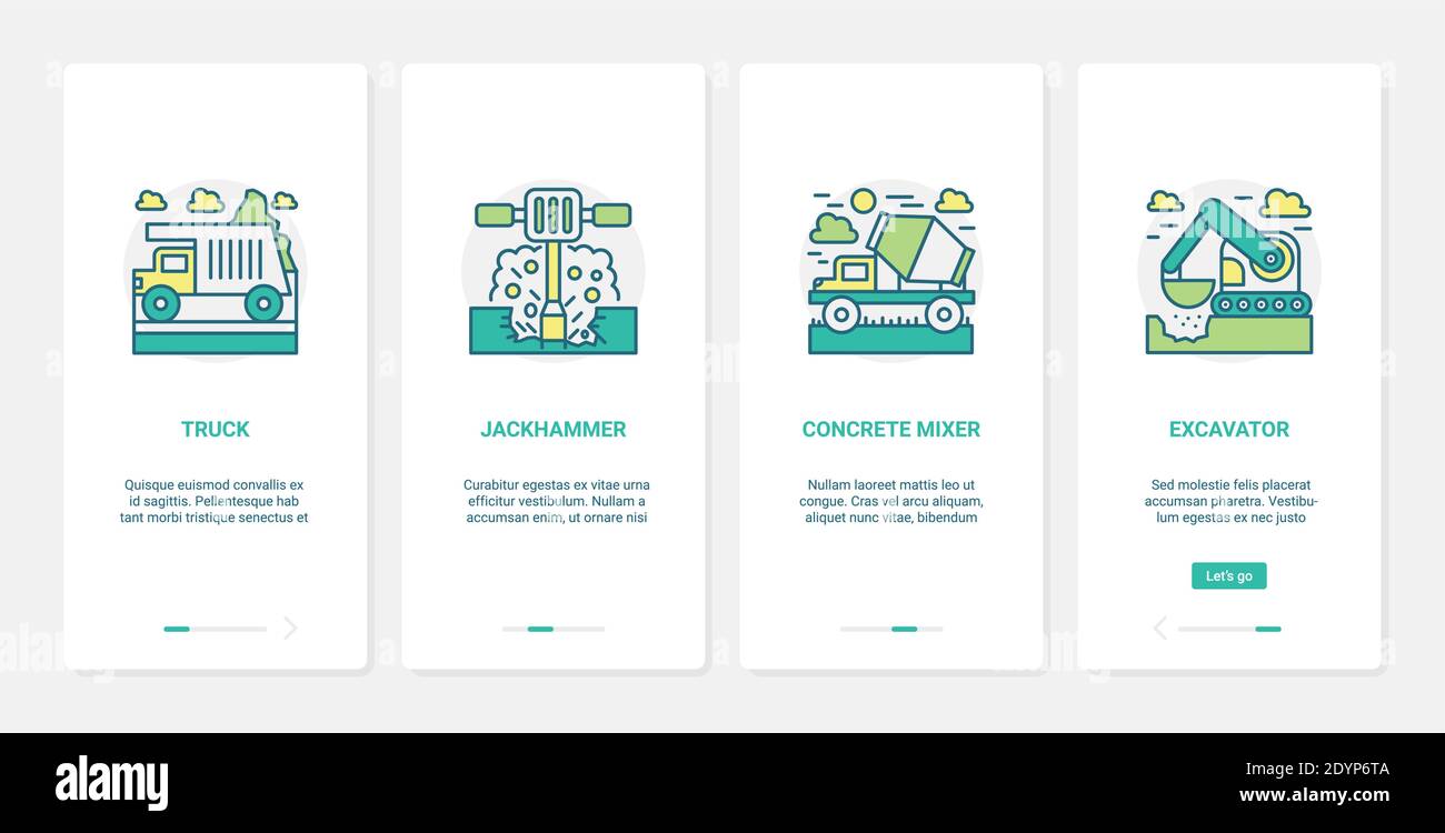 Schwere Baumaschinen Vektor-Illustration. UX, UI Onboarding mobile App Seite Bildschirm mit Linie Maschinen für Baumaßnahmen, Betonmischer LKW Bagger Bagger Presslufthammer Stock Vektor