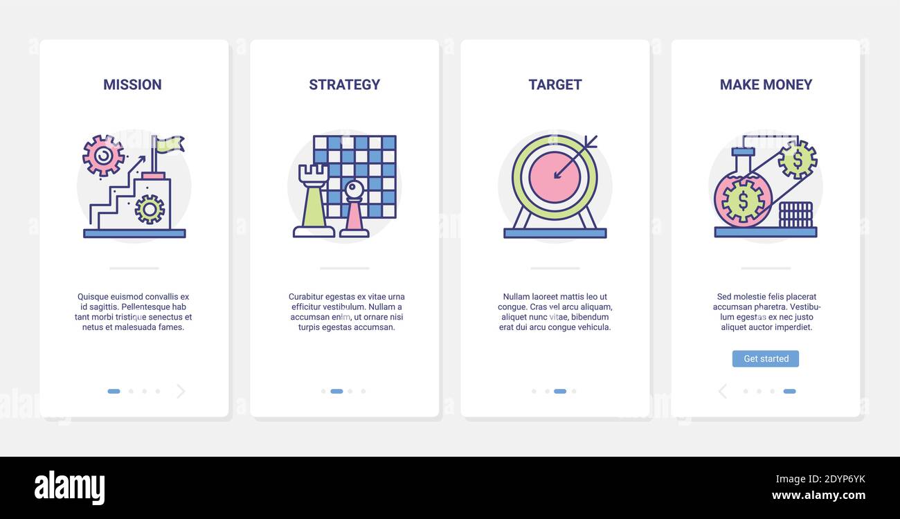 Strategie, um Geld Vektor Illustration zu machen. UX, UI Onboarding mobile App Seite Bildschirm mit Line Finance Kapital Gewinn Wachstumssymbole, Bankinvestitionen und Ziel Finanzforschung Analyse gesetzt Stock Vektor