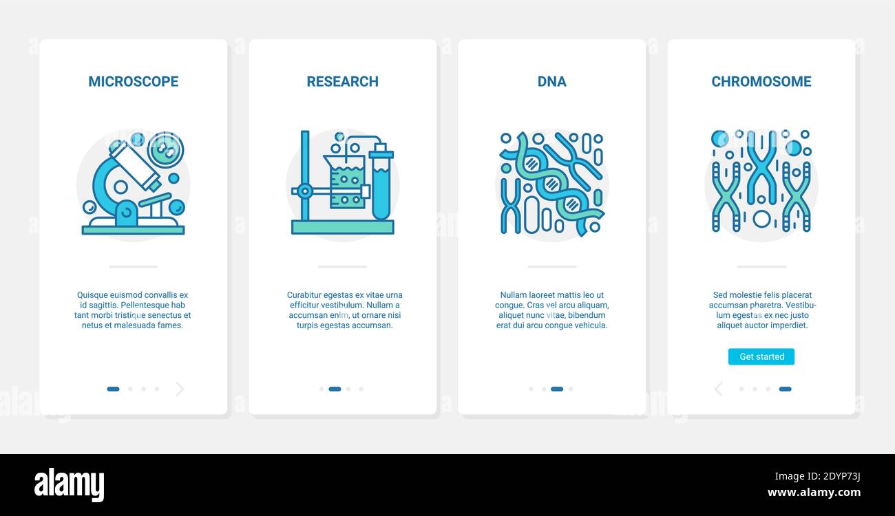 DNA-Chromosom Forschung Biotechnologie Vektor Illustration. UX, UI Onboarding mobile App Seite Bildschirm wissenschaftlichen Satz mit Linie Labormikroskop, Forscher Ausrüstung, medizinische Wissenschaft Technologie Stock Vektor