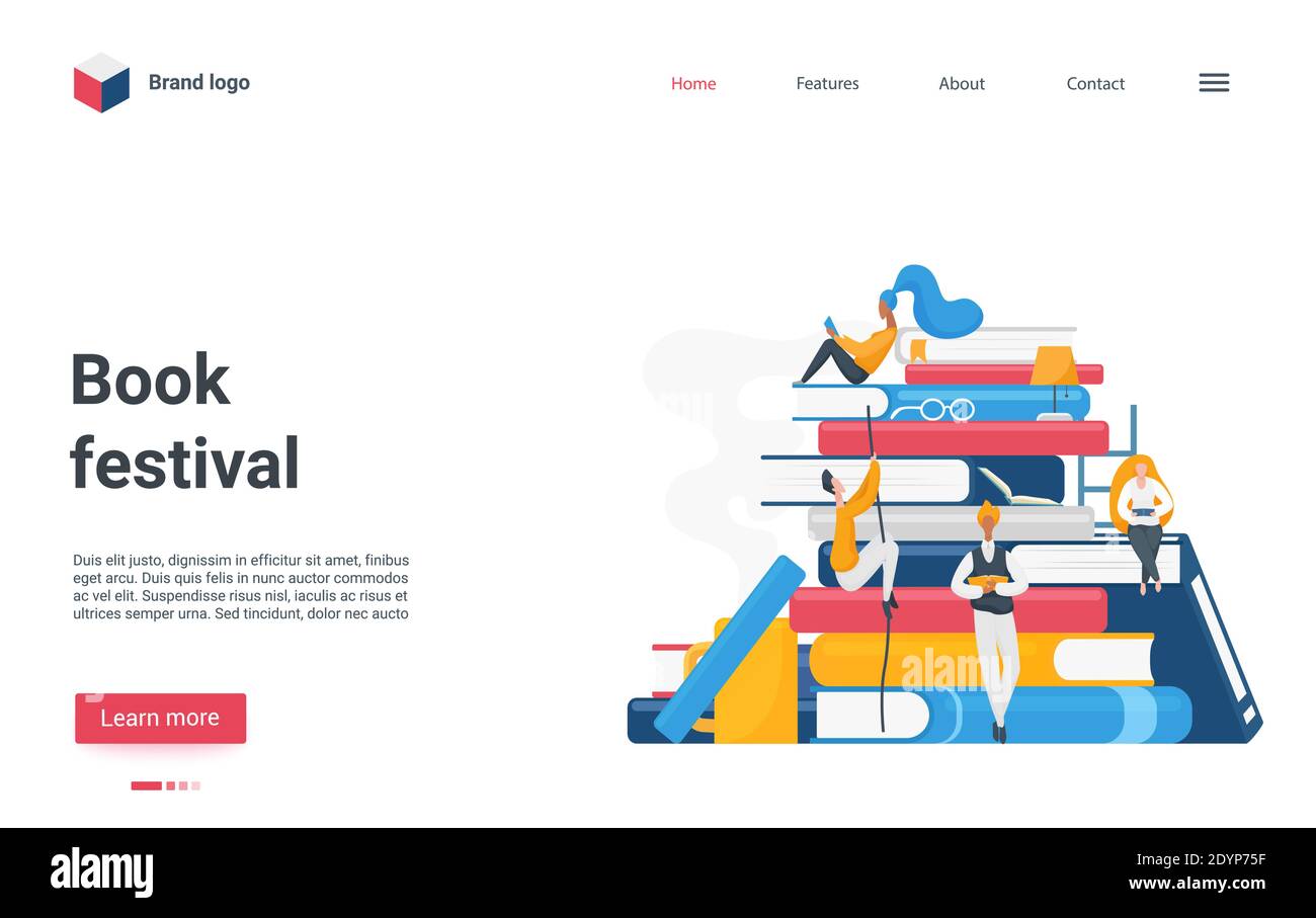 Buchfestival oder fair Landing Page Design, Cartoon Flachleser Menschen Bücher lesen, Literatur Fan Charaktere lieben zu lesen, sitzen und stehen auf Stapel von Büchern aus Buchhandlung Vektor Illustration Stock Vektor