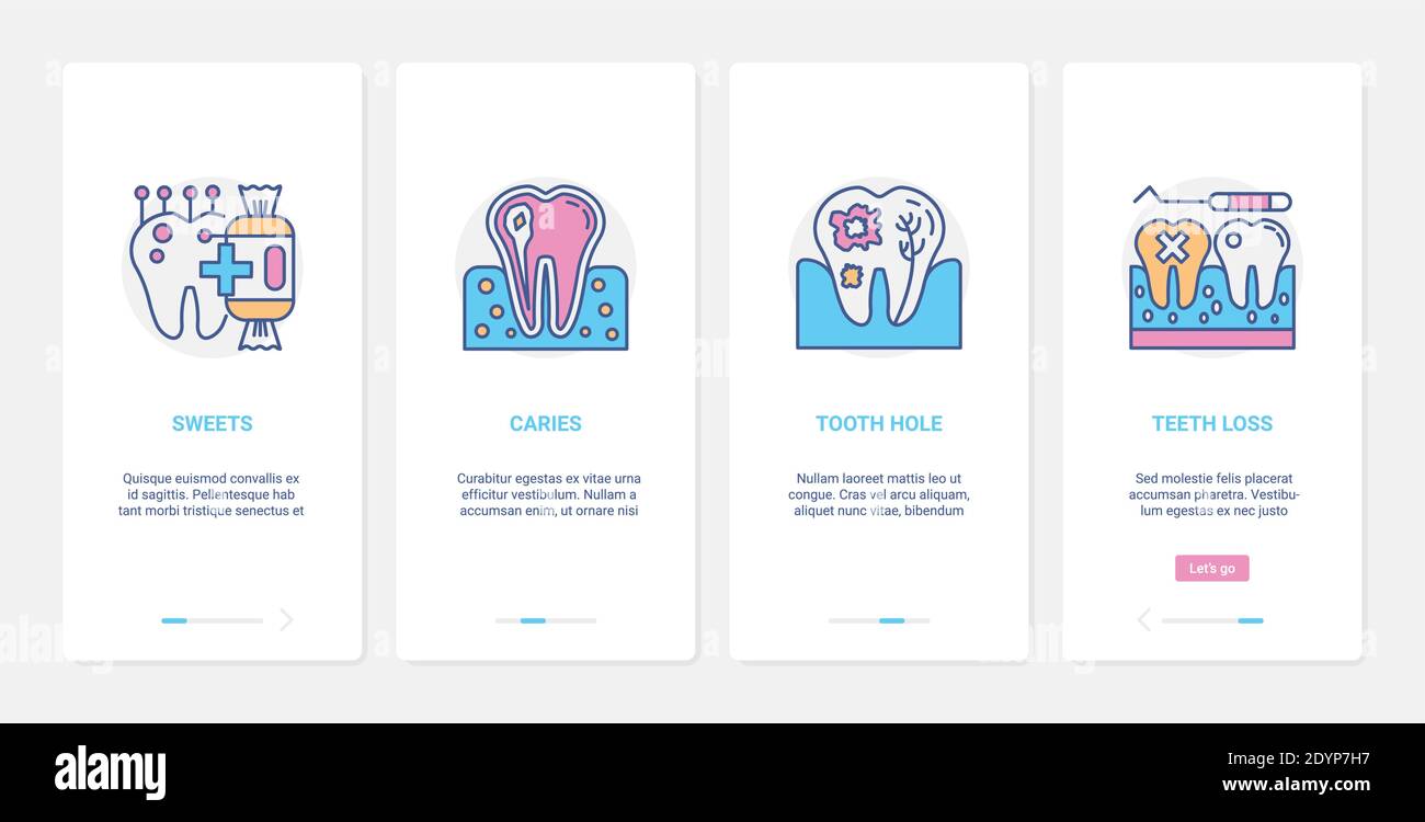 Zahnpflege, schlechte Zahn Vektor-Illustration. UX, UI Onboarding mobile App Seite Bildschirm mit Linie Zahnmedizin medizinische Gesundheitsversorgung Symbole von Zahnschmelzschäden von Süßigkeiten, Zahnverlust und rissige Zähne Stock Vektor