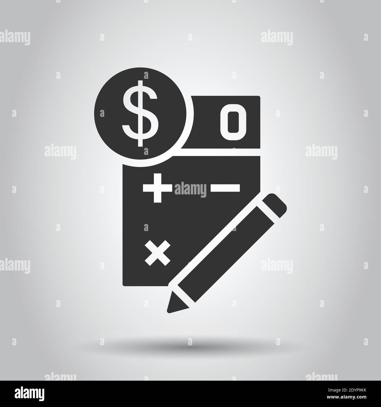 Symbol für Steuerzahlung in flacher Form. Vektordarstellung der Budgetrechnung auf weiß isoliertem Hintergrund. Rechner mit Dollarmünze und Bleistift-Geschäft Stock Vektor