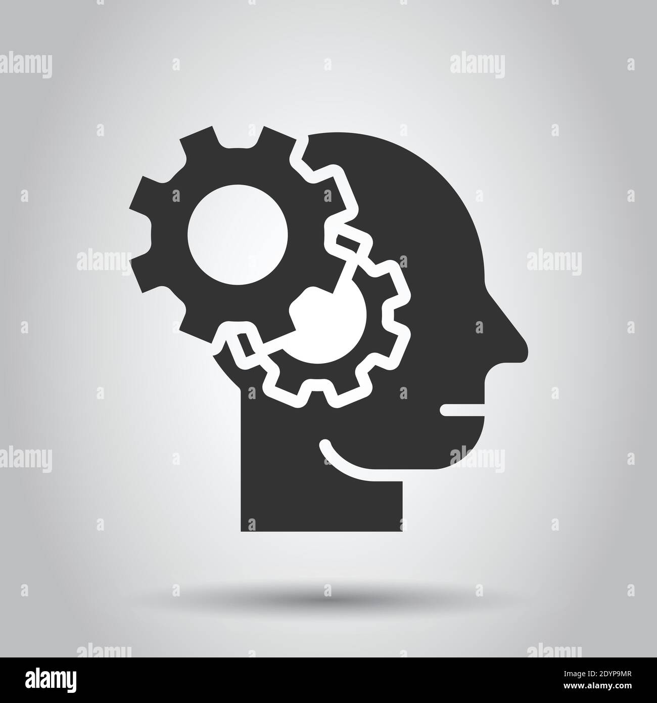 Menschlicher Kopf mit Zahnradsymbol in flacher Ausführung. Vektorgrafiken des Technologiefortschritts auf weißem isoliertem Hintergrund. Geschäftskonzept von Face & Gear. Stock Vektor