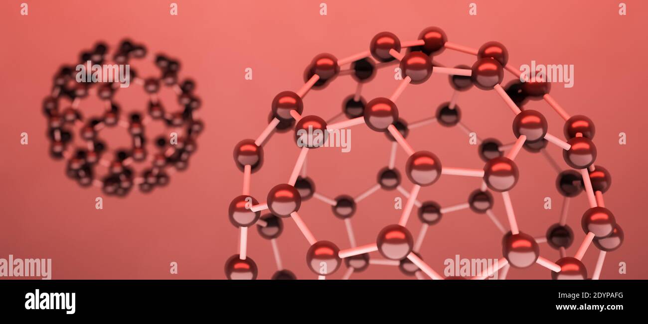 Modelle von Fullerene Molekül, Alotrope von Kohlenstoffatomen, runde Kugeln mit sechseckigen Ringen oder Mesh, molekulare 3D-Illustration Chemie oder wissenschaftlich Stockfoto