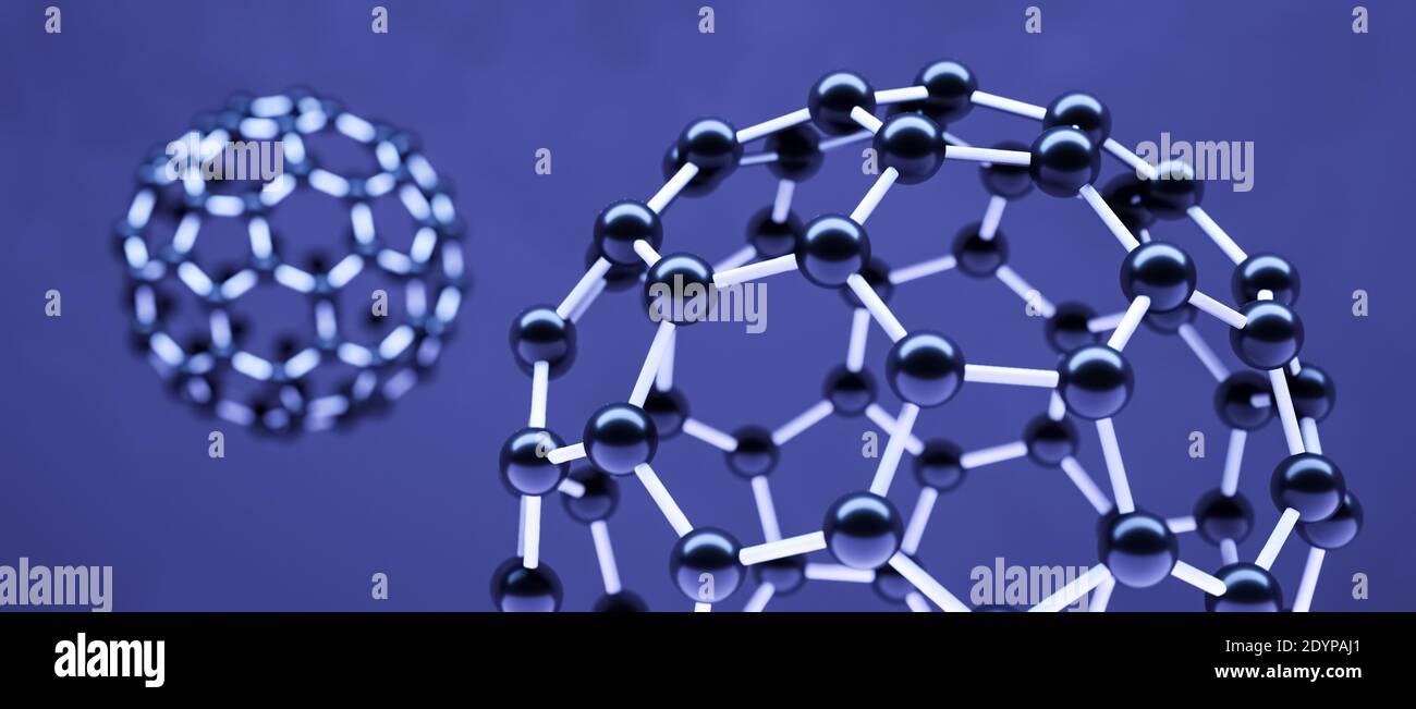 Modelle von Fullerene Molekül, Alotrope von Kohlenstoffatomen, runde Kugeln mit sechseckigen Ringen oder Mesh, molekulare 3D-Illustration Chemie oder wissenschaftlich Stockfoto