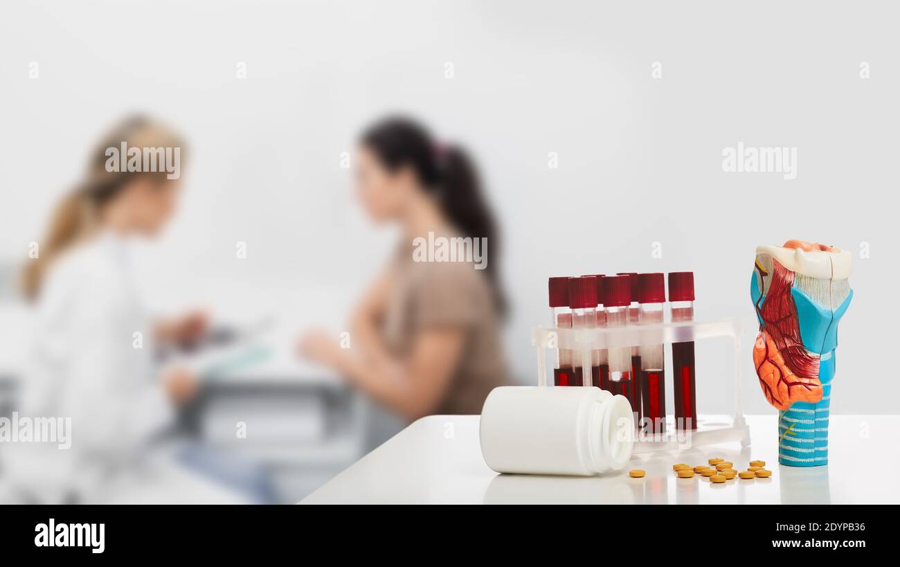 Anatomisches Modell von Schilddrüse und Blut in Reagenzgläsern zur Analyse von Hormonen auf dem Arzttisch, Nahaufnahme. Endokrinologe, der einen Patienten konsultiert Stockfoto