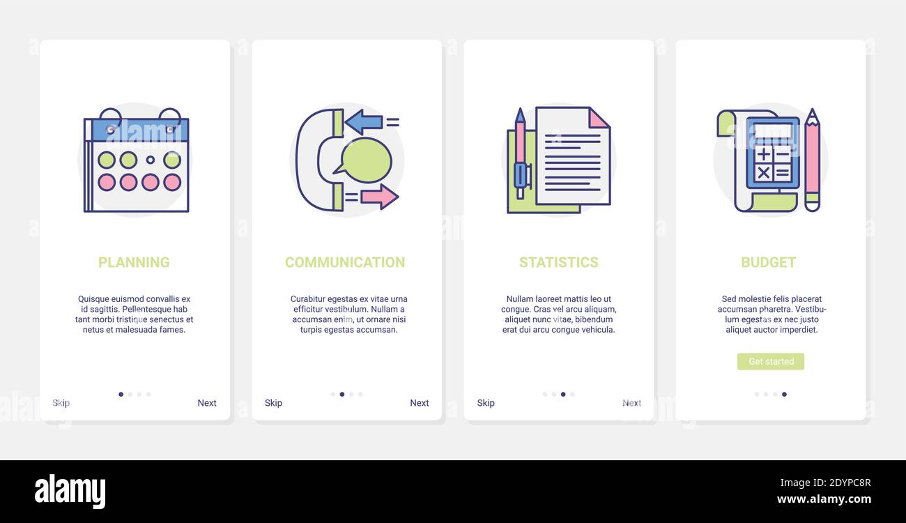 Business-Planung Budget, Kommunikation Vektor Illustration. UX, UI Onboarding mobile App Seite Screen Set mit Linienplaner, Büromaterial für die Berechnung von Geschäftsstatistiken und Forschung Symbole Stock Vektor