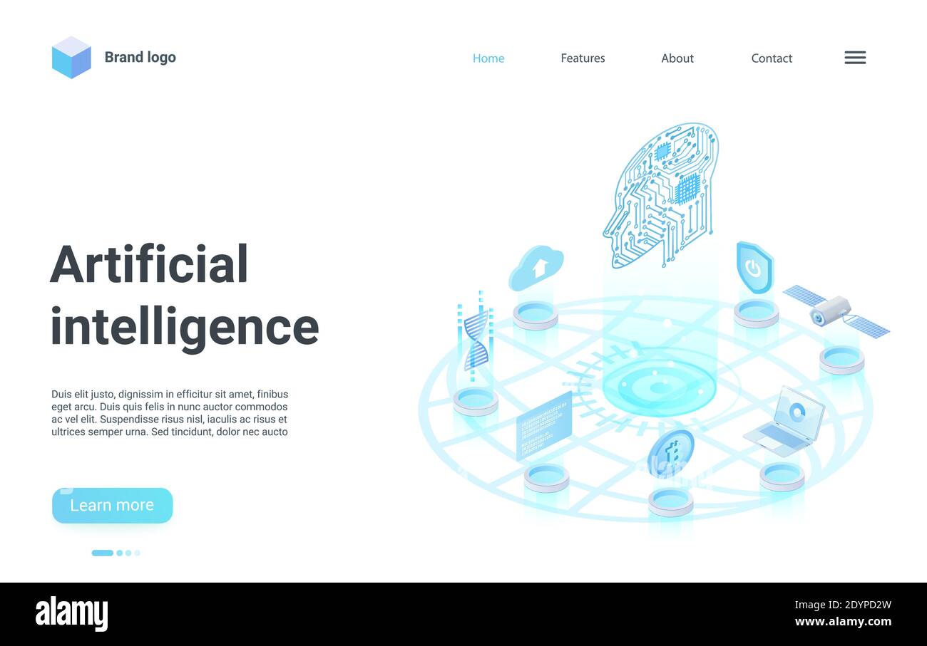 Künstliche Intelligenz isometrische Landing Page Design, Cartoon 3d abstrakt menschlichen Kopf, digitales Gehirn mit Internet-Netzwerk, Cloud-Daten Web-Speicher, ai neuronale Verbindung Vektor-Illustration Stock Vektor