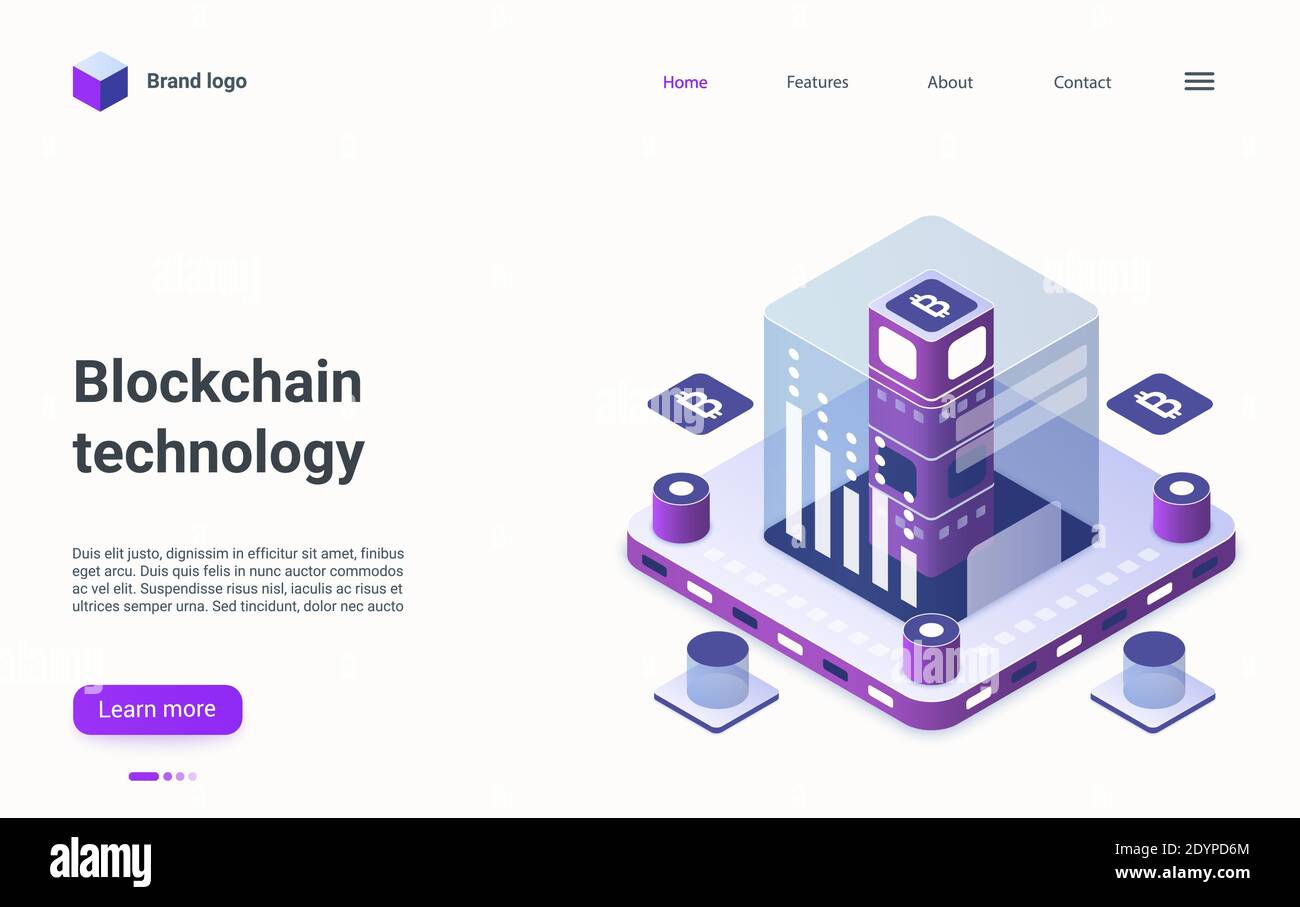 Blockchain Kryptowährungstechnologie isometrisches Landing Page Design, Cartoon 3d Bitcoin Krypto Currency Mining, Kryptographie, digitales Geld und moderne Fintech Business Technology Vektor Illustration Stock Vektor
