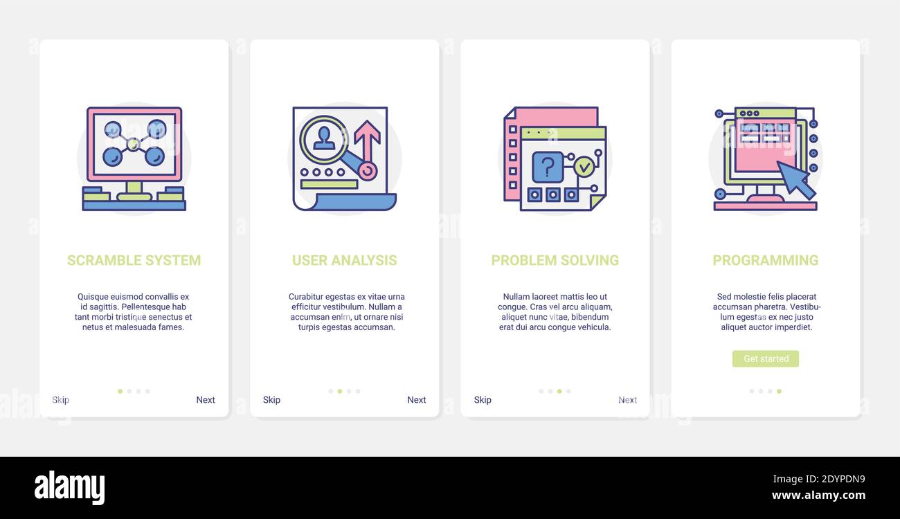 Benutzeranalyse digitales System, Programmiertechnik Vektor Illustration. UX, UI Onboarding mobile App Seite Bildschirm Tech-Set mit Linie Scramble Systementwicklung, Programm-Code Problemlösung Symbole Stock Vektor