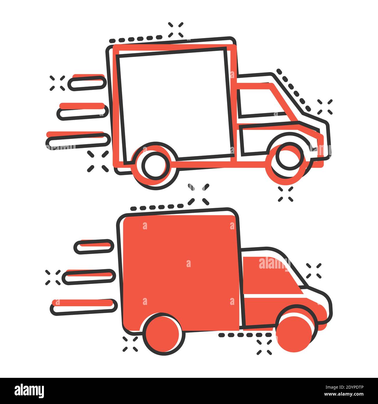 LKW-Ikone im Comic-Stil. Auto-Lieferung Cartoon Vektor-Illustration auf weißem isolierten Hintergrund. Geschäftskonzept für den Spritzer-Effekt von Lkw-Fahrzeugen. Stock Vektor