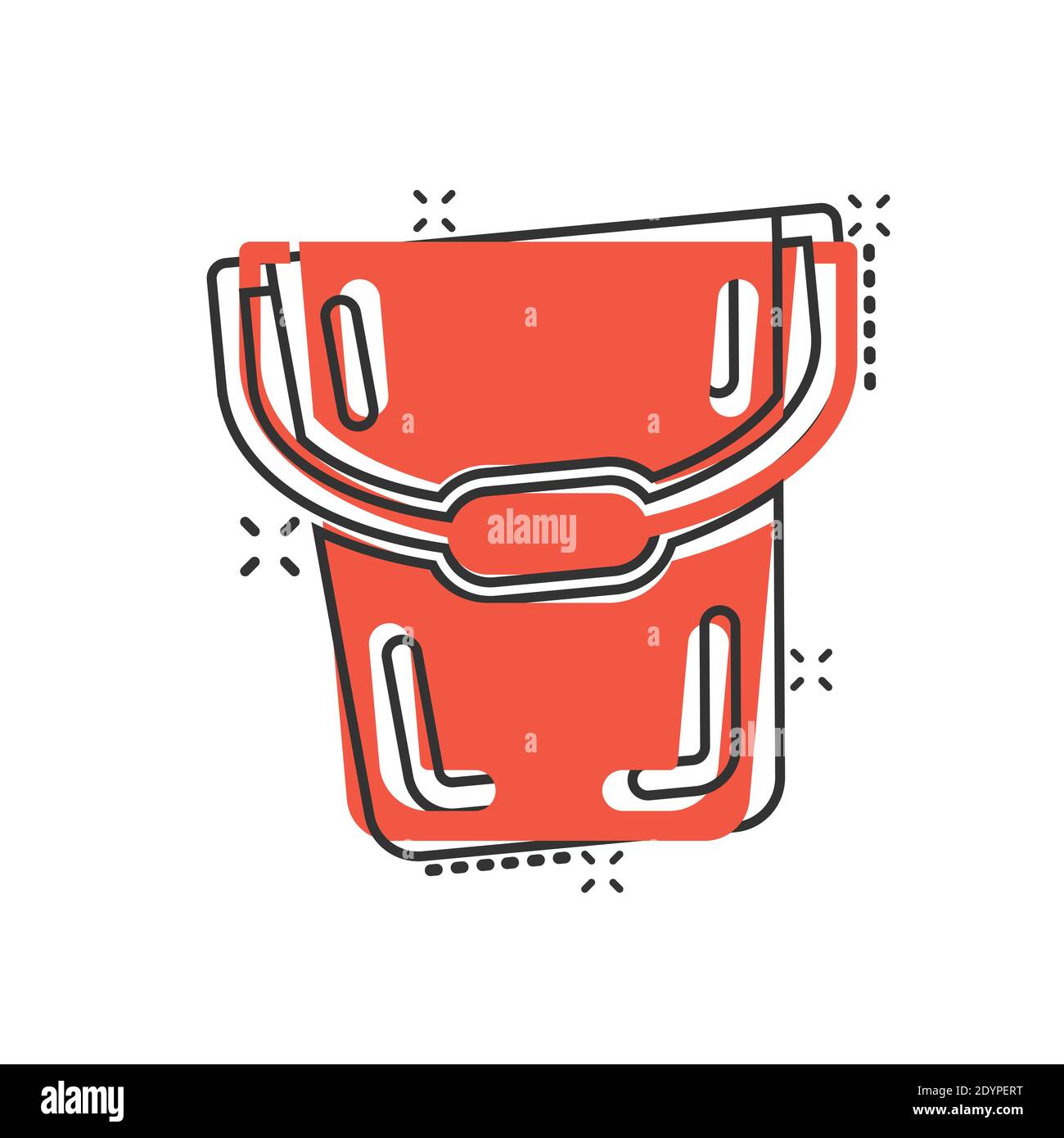 Bucket Icon im Comic-Stil. Mülltonne Cartoon Vektor-Illustration auf weißem isolierten Hintergrund. Geschäftskonzept mit Pmail-Splash-Effekt. Stock Vektor