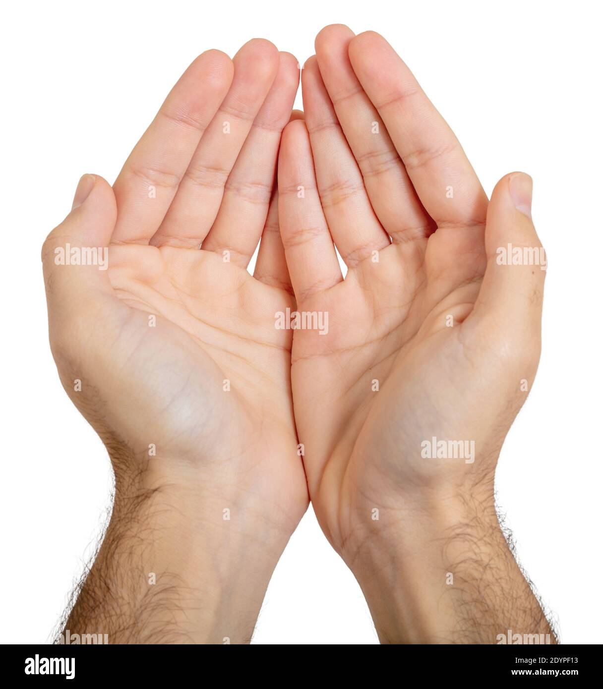 Männlich leere cupped Hände isoliert auf weißem Hintergrund. Mann Hände halten, halten und Armut, Wohltätigkeitskonzept Stockfoto