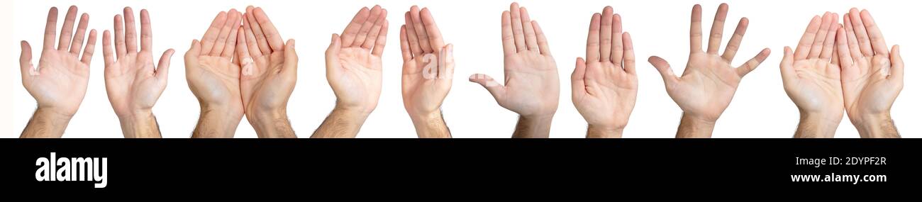 Männliche Hand Gesten und Zeichen Sammlung isoliert Ausschnitt auf weißem Hintergrund, Satz von mehreren Bildern Stockfoto