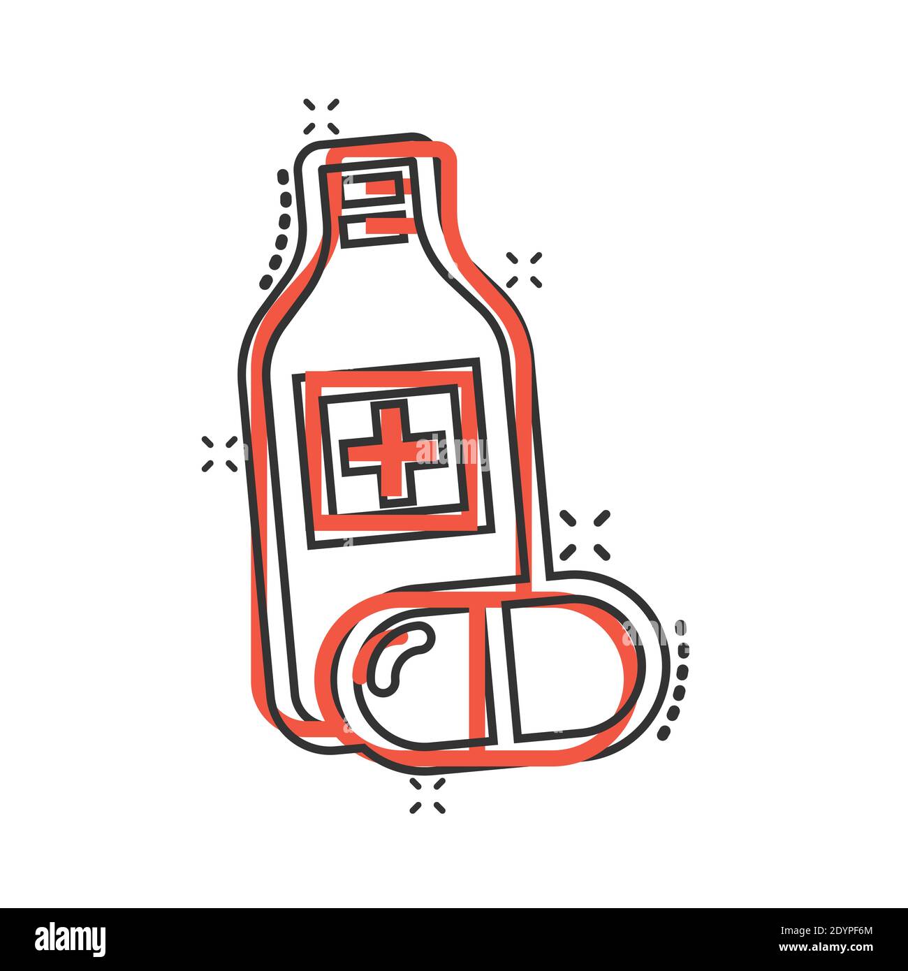 Pille Flasche Symbol im Comic-Stil. Drogen Cartoon Vektor-Illustration auf weißem isolierten Hintergrund. Pharmazie Splash-Effekt Geschäftskonzept. Stock Vektor