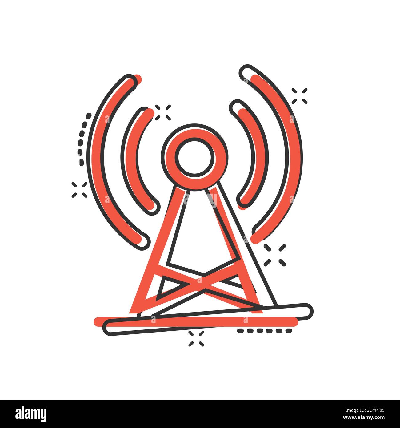 Antennenturm-Ikone im Comic-Stil. Broadcasting Cartoon Vektor-Illustration auf weißem Hintergrund isoliert. Business-Konzept mit WiFi-Splash-Effekt. Stock Vektor