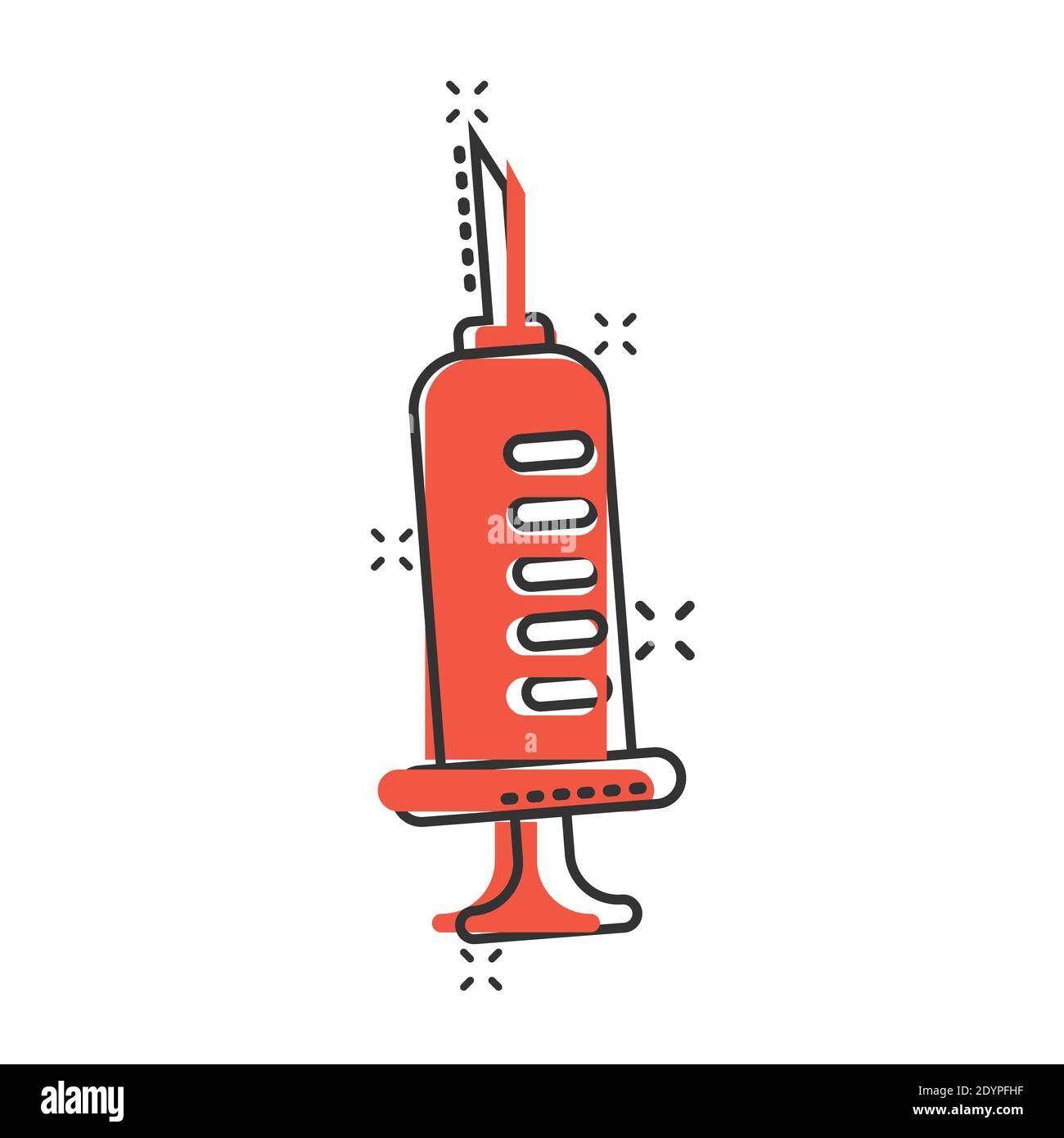 Spritze Icon im Comic-Stil. Inject Nadel Cartoon Vektor-Illustration auf weißem isolierten Hintergrund. Geschäftskonzept für den Splash-Effekt der Medikamentendosis. Stock Vektor