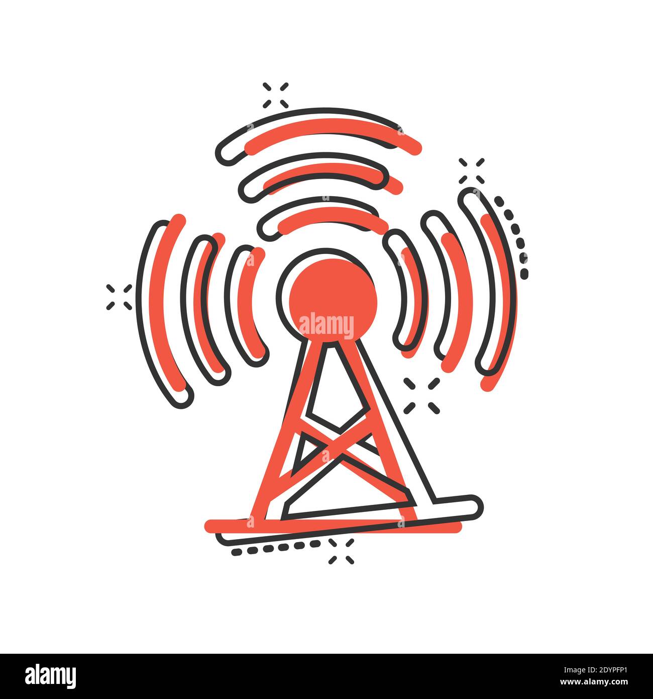 Antennenturm-Ikone im Comic-Stil. Broadcasting Cartoon Vektor-Illustration auf weißem Hintergrund isoliert. Business-Konzept mit WiFi-Splash-Effekt. Stock Vektor