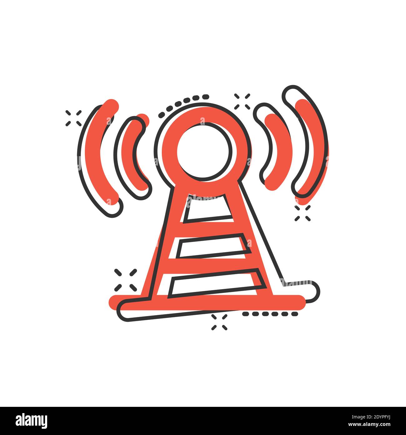Antennenturm-Ikone im Comic-Stil. Broadcasting Cartoon Vektor-Illustration auf weißem Hintergrund isoliert. Business-Konzept mit WiFi-Splash-Effekt. Stock Vektor