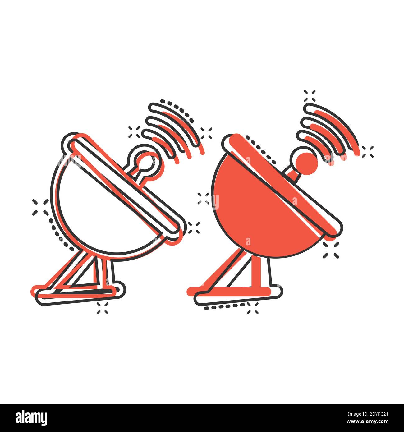 Satellitenantenne Turm-Ikone im Comic-Stil. Broadcasting Cartoon Vektor-Illustration auf weißem Hintergrund isoliert. Radar Splash Effect Business Conce Stock Vektor