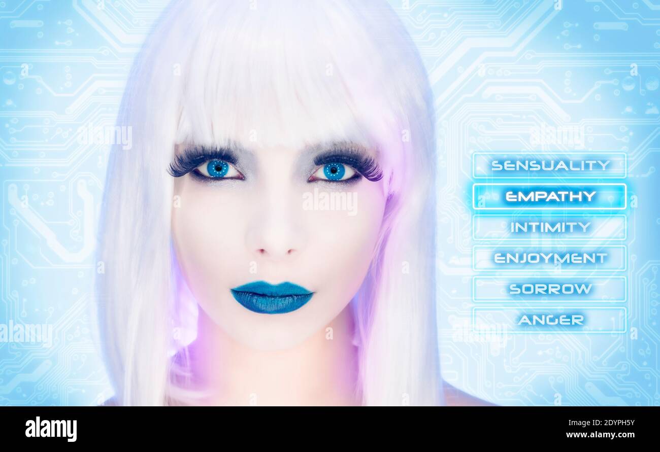 Schöne weibliche Chat bot Emotionen Einstellung Schnittstelle. Futuristische Cyber-Vision von personalisierten künstlichen virtuellen Assistenten Frau. Zukünftige Kommunikation Stockfoto