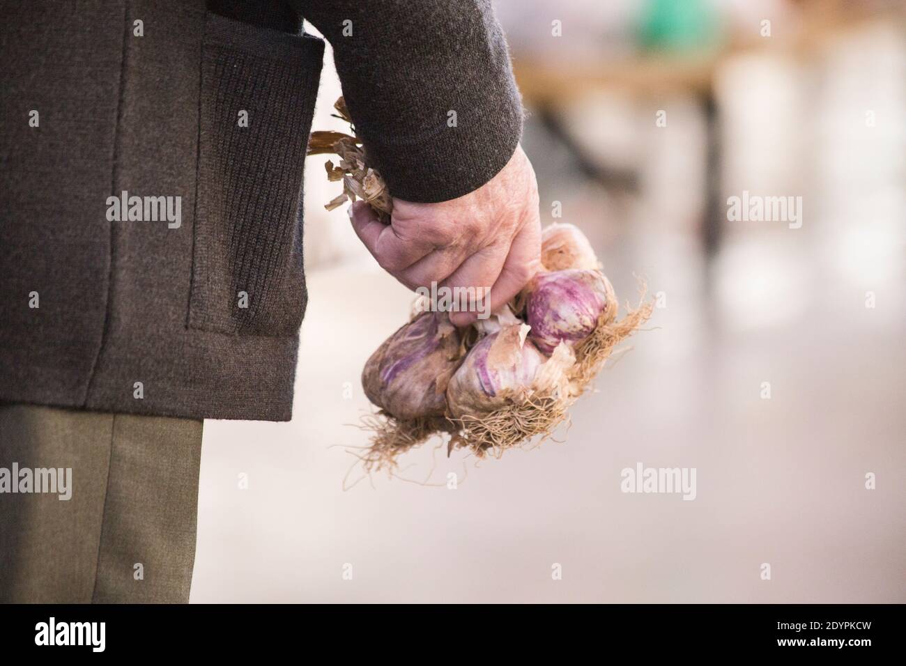 Die Hand einer einsamen älteren Person hält eine Handvoll Gemüse.Kopie Platz Stockfoto