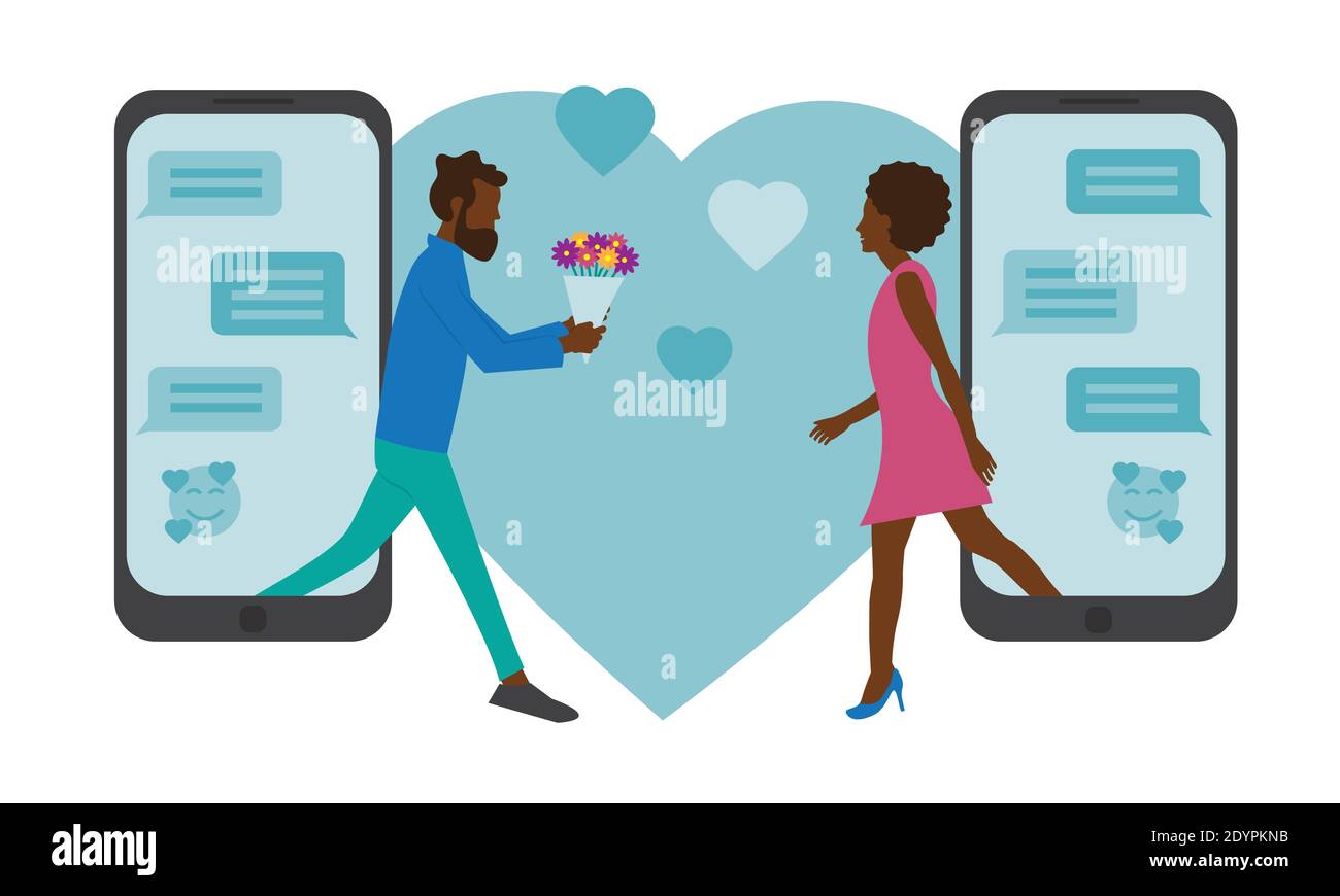 Online-Dating-Konzept - Mann und Frau Treffen nach Online Messaging Stock Vektor