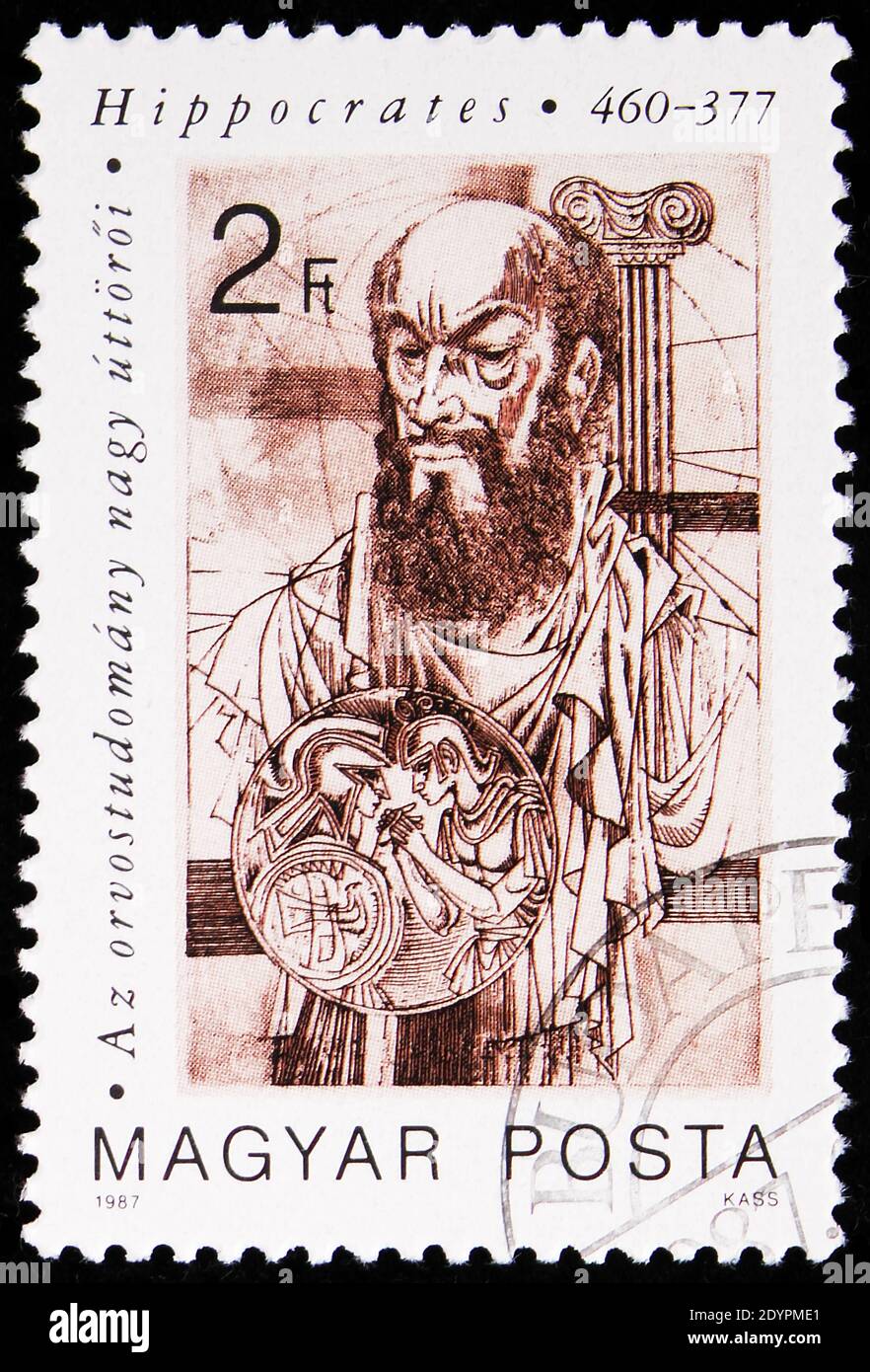 MOSKAU, RUSSLAND - 19. AUGUST 2019: Die in Ungarn gedruckte Briefmarke zeigt Hippokrates, Medical Pioneers Serie, um 1987 Stockfoto